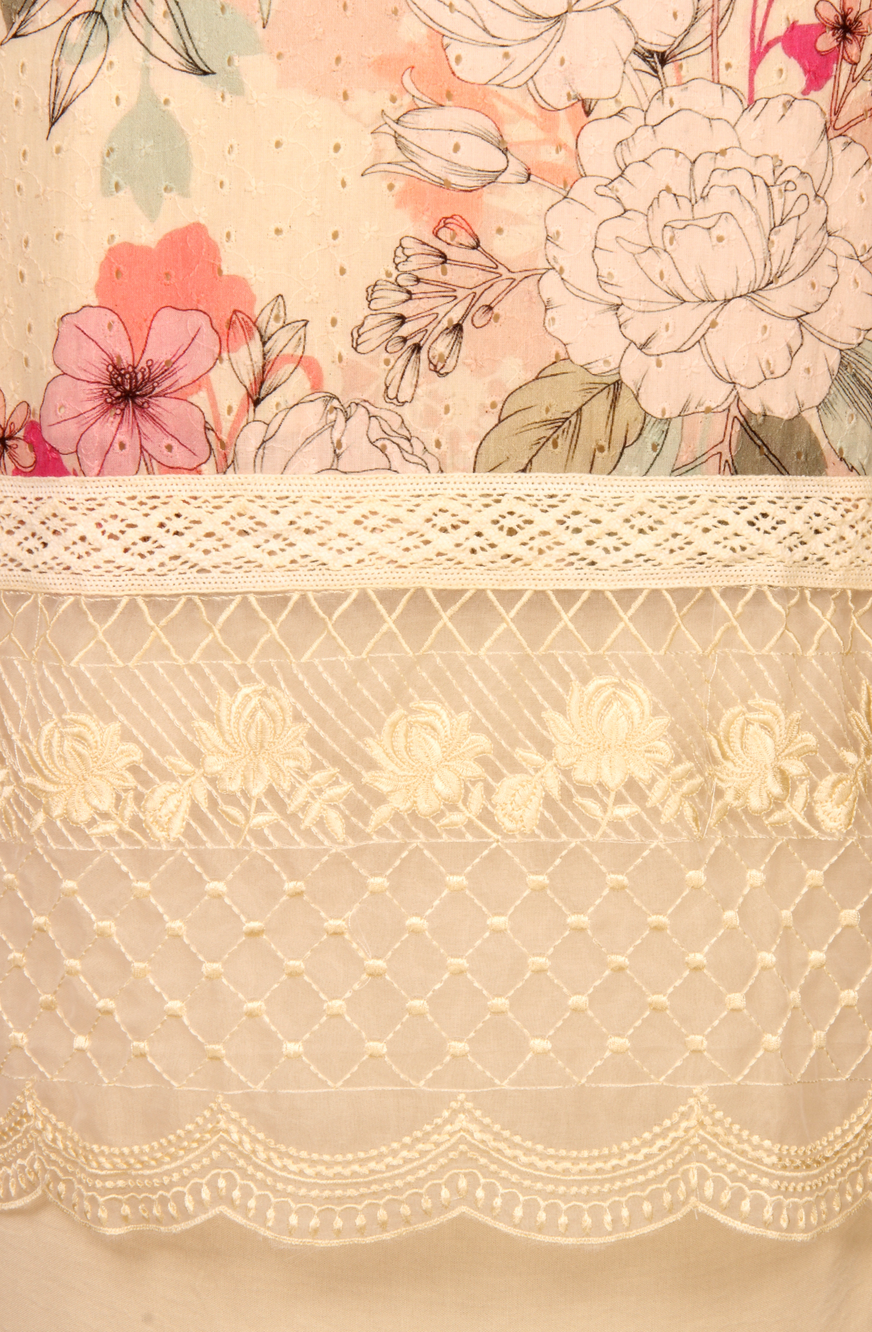 Cream Cotton Beautiful Lacework Salwar Suit with Chiffon Dupatta - 993-15932