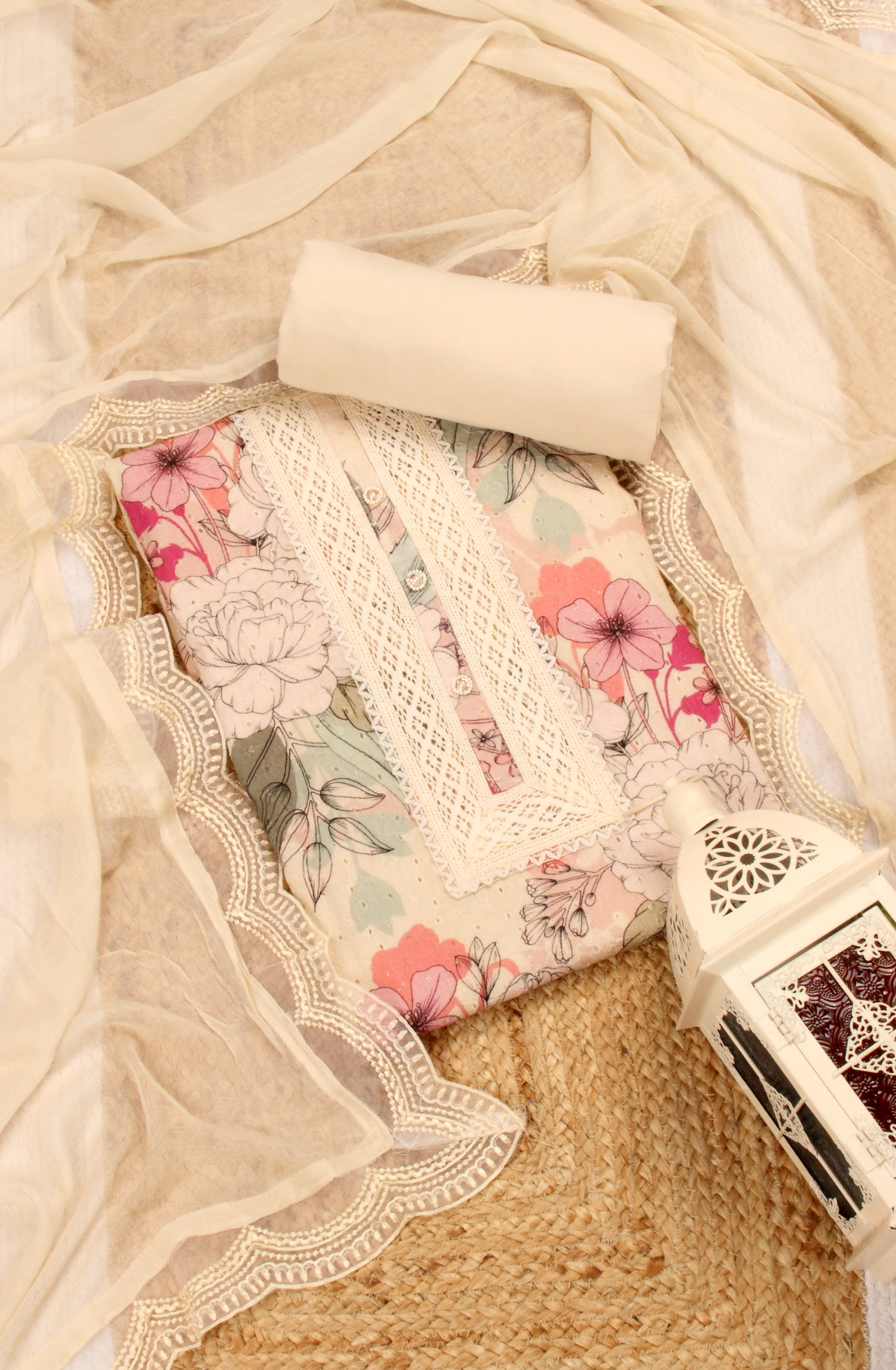 Cream Cotton Beautiful Lacework Salwar Suit with Chiffon Dupatta - 993-15932