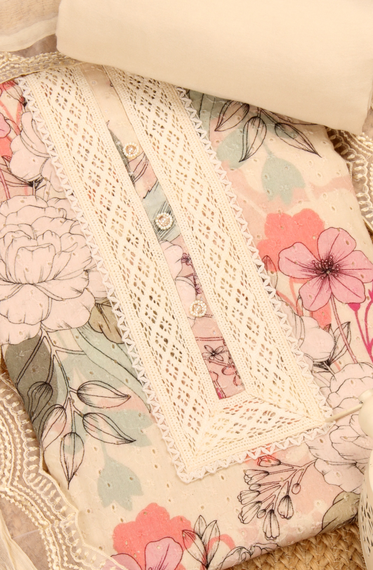 Cream Cotton Beautiful Lacework Salwar Suit with Chiffon Dupatta - 993-15932