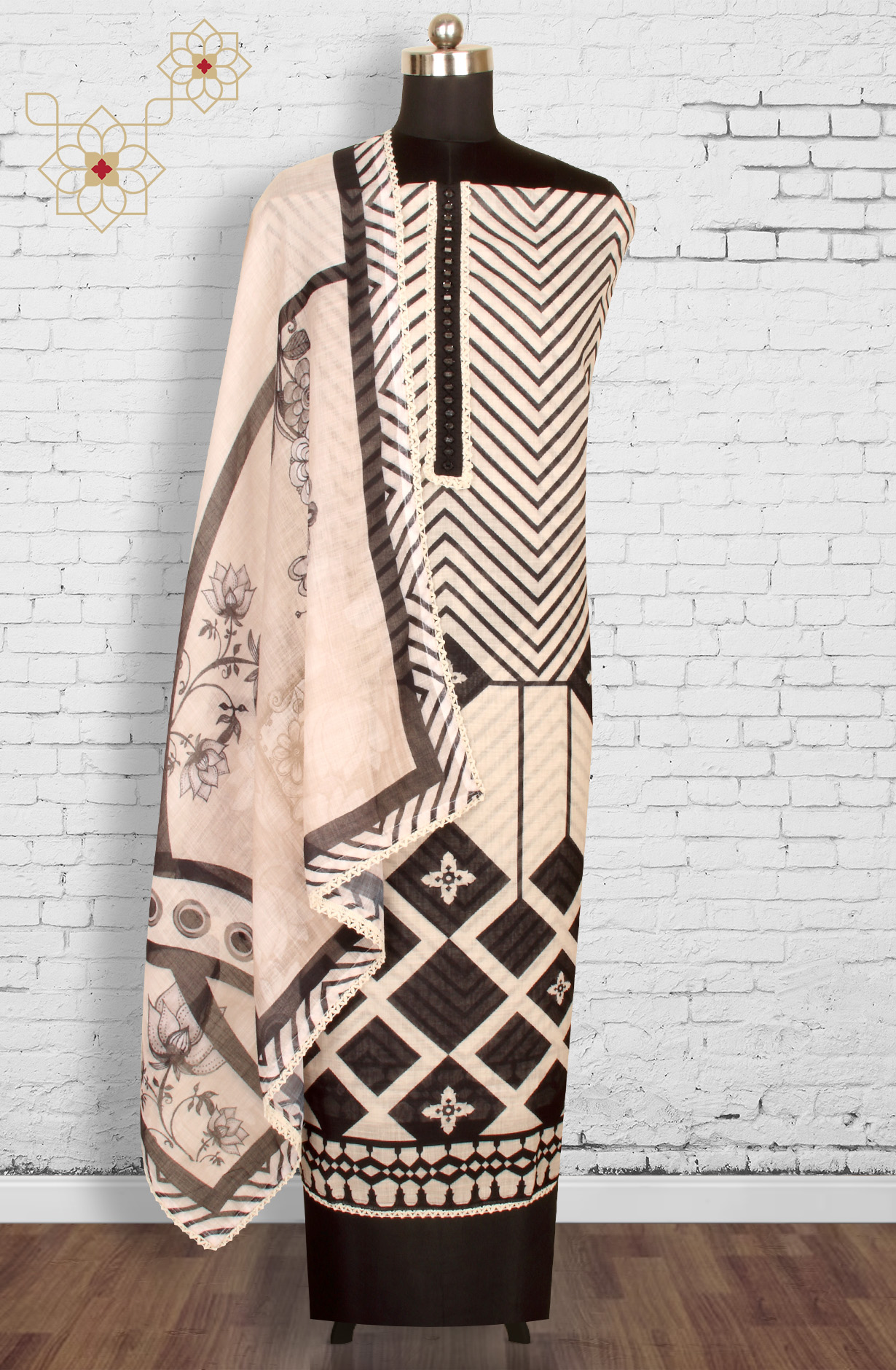 Black and Beige Linen Salwar Suit with Trendy Dupatta - 993-16022