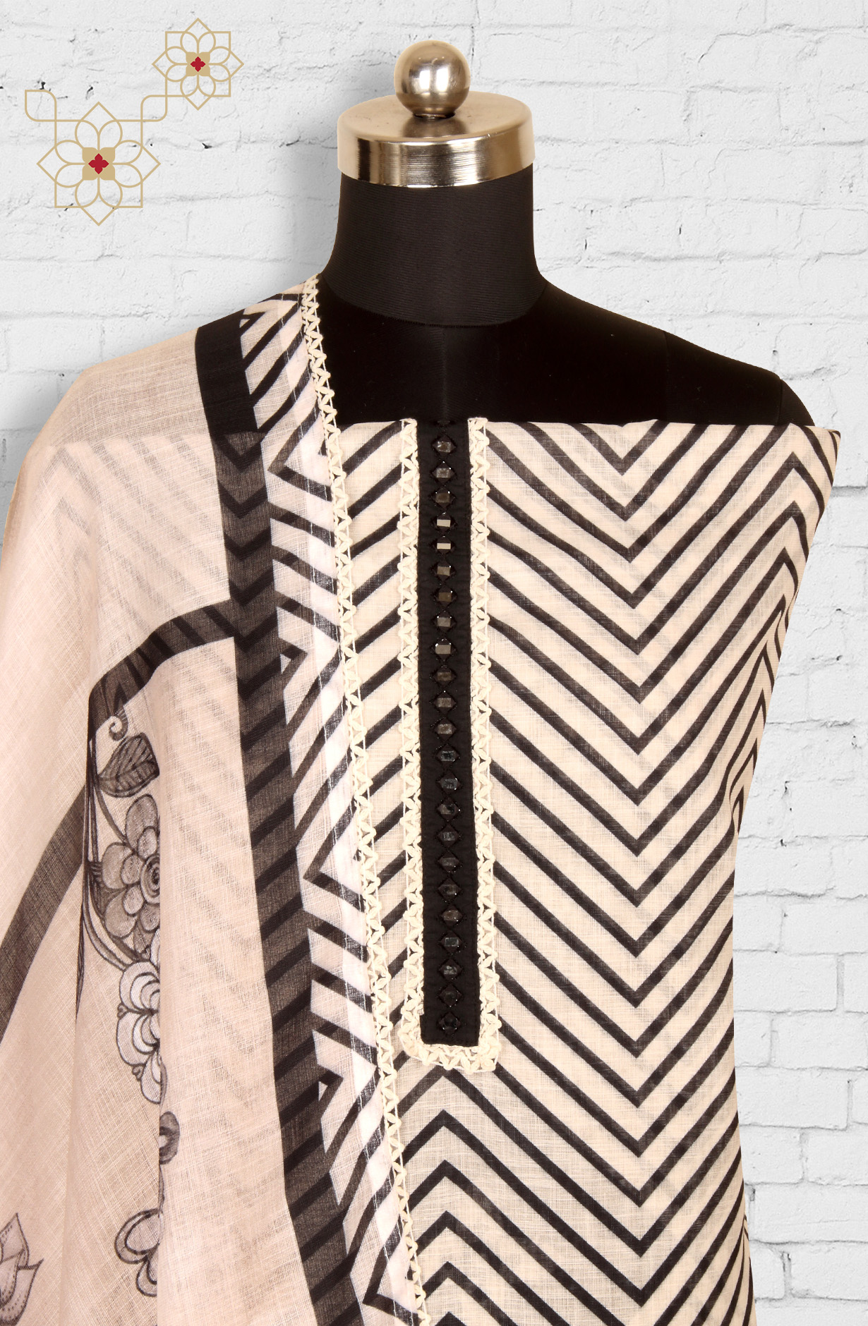 Black and Beige Linen Salwar Suit with Trendy Dupatta - 993-16022