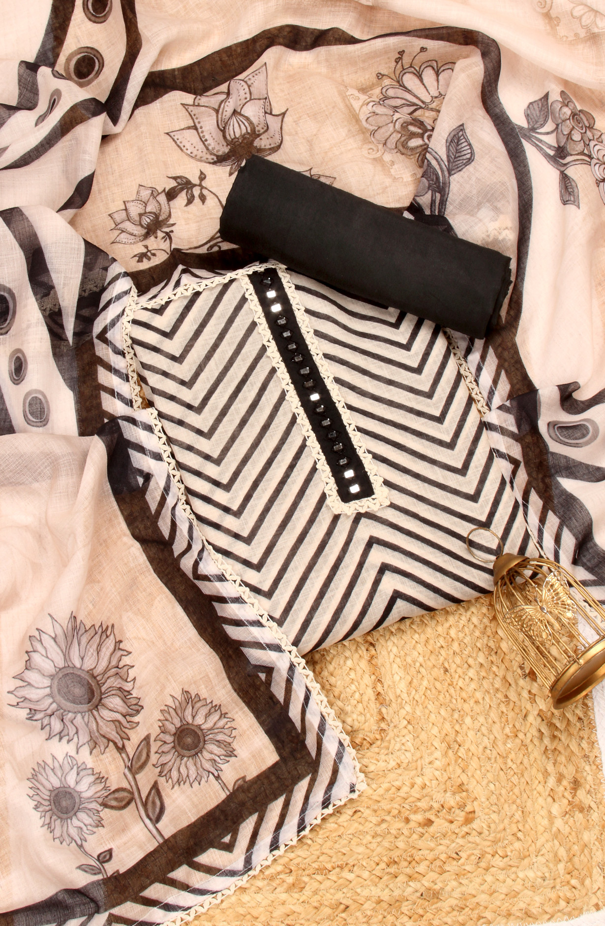 Black and Beige Linen Salwar Suit with Trendy Dupatta - 993-16022