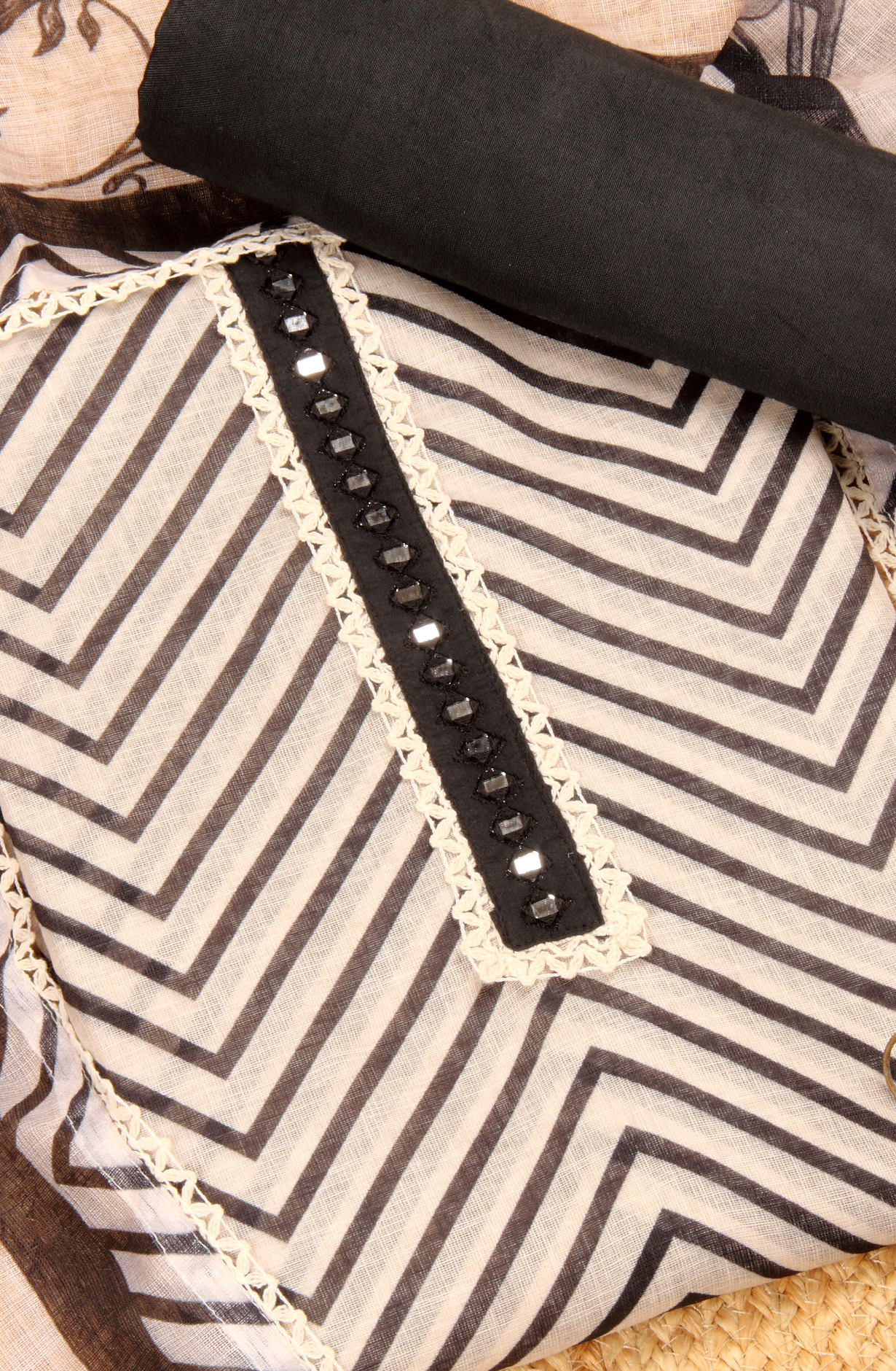 Black and Beige Linen Salwar Suit with Trendy Dupatta - 993-16022