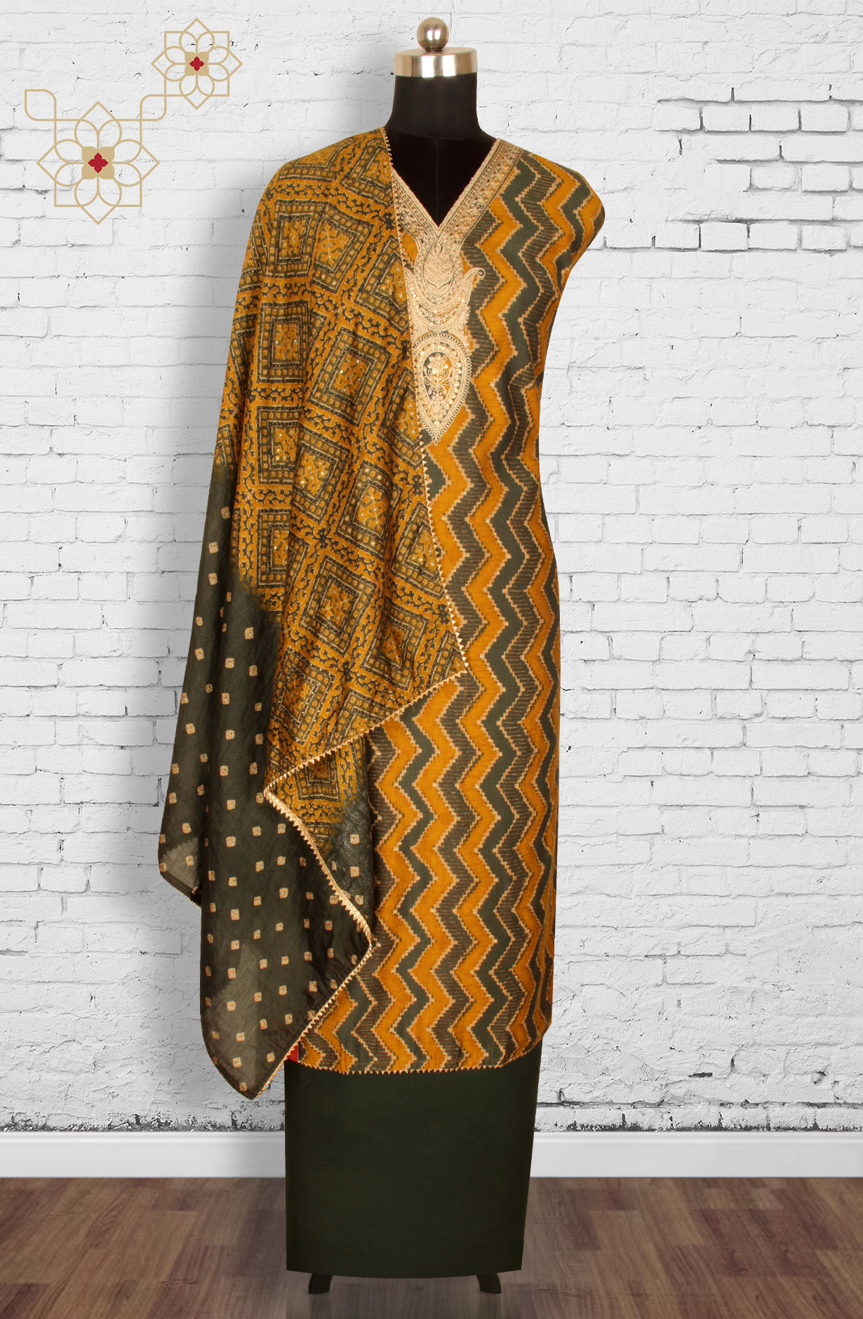 Mustard and Bottle Green Modal Cotton Unstitched Suit with Dupatta - 993-16156