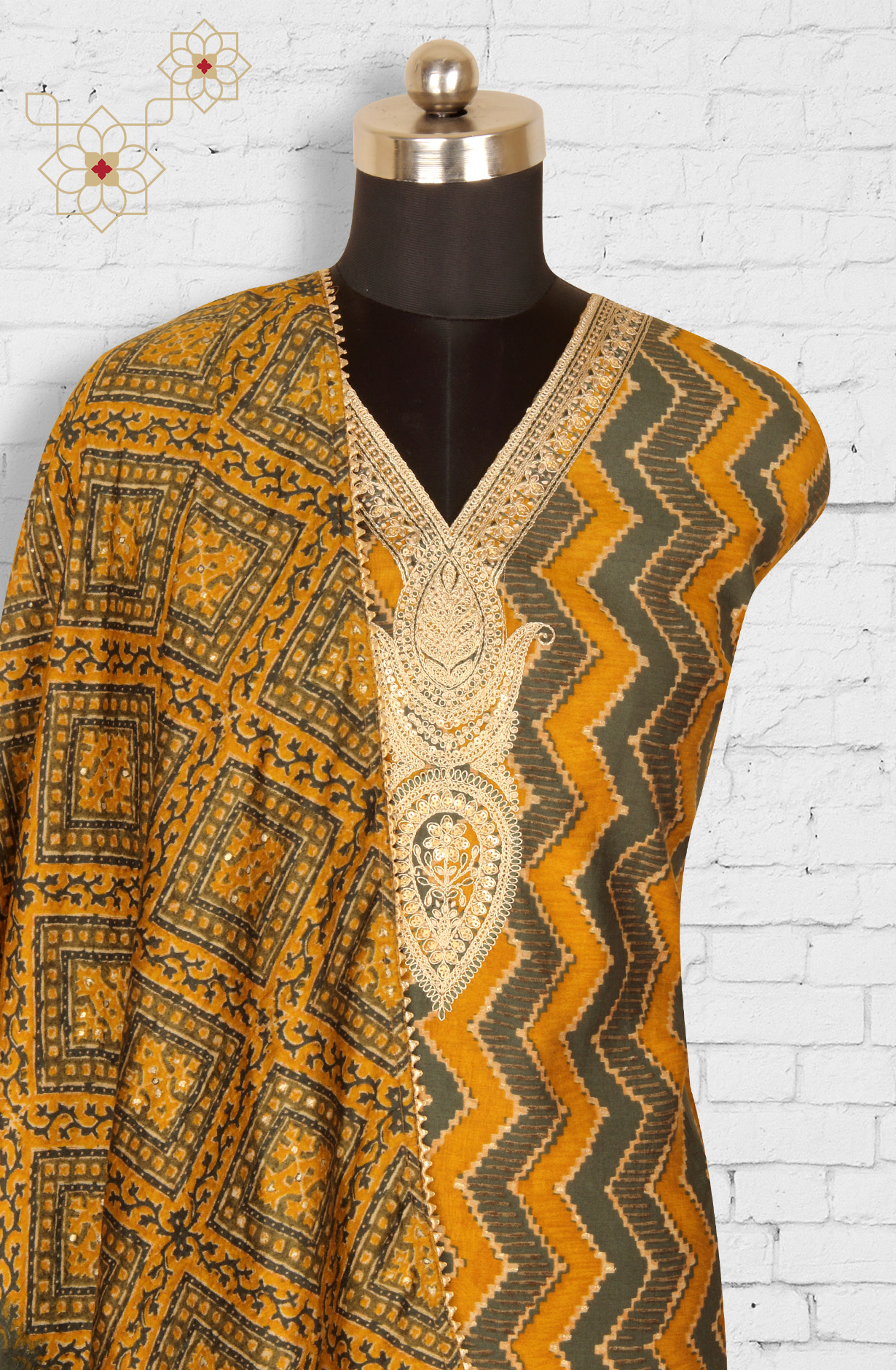 Mustard and Bottle Green Modal Cotton Unstitched Suit with Dupatta - 993-16156