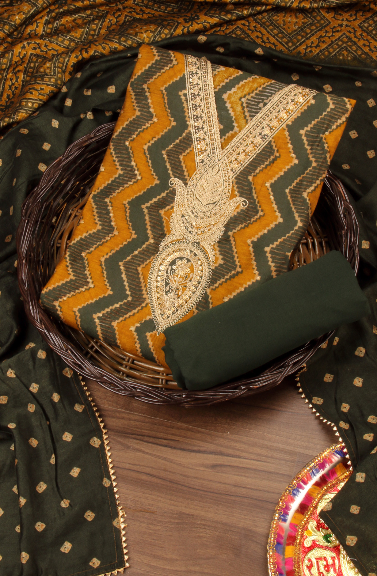 Mustard and Bottle Green Modal Cotton Unstitched Suit with Dupatta - 993-16156