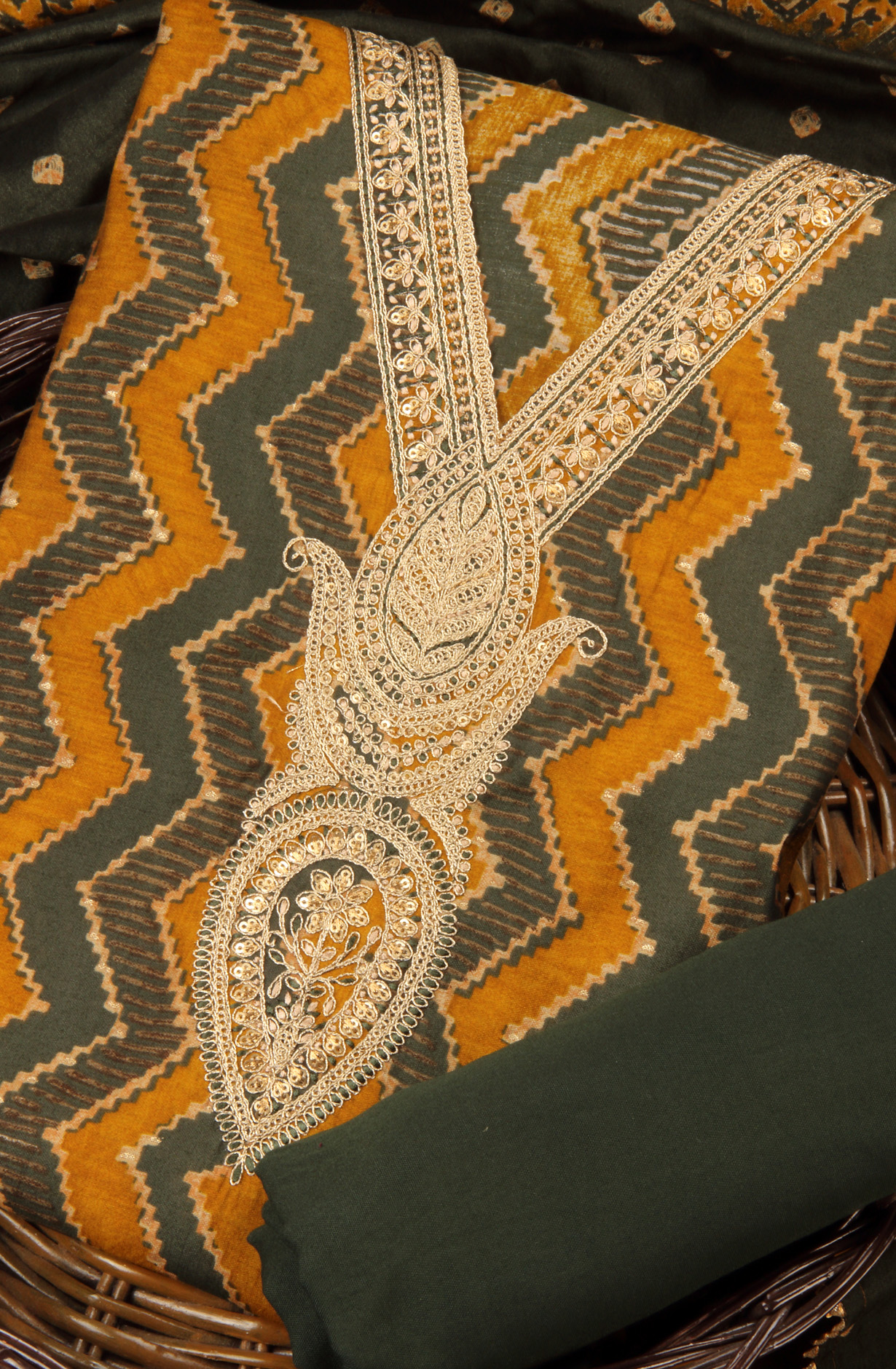 Mustard and Bottle Green Modal Cotton Unstitched Suit with Dupatta - 993-16156