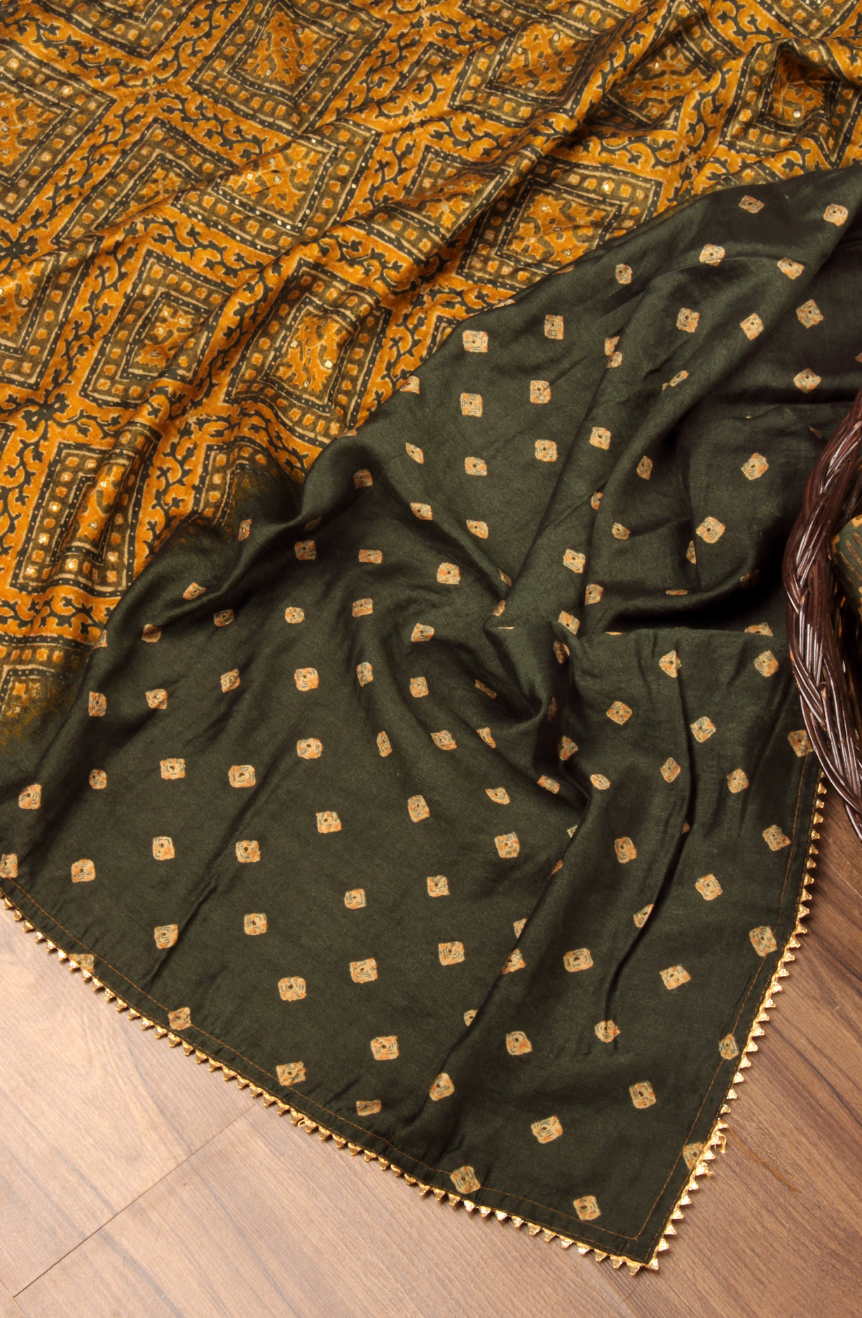 Mustard and Bottle Green Modal Cotton Unstitched Suit with Dupatta - 993-16156