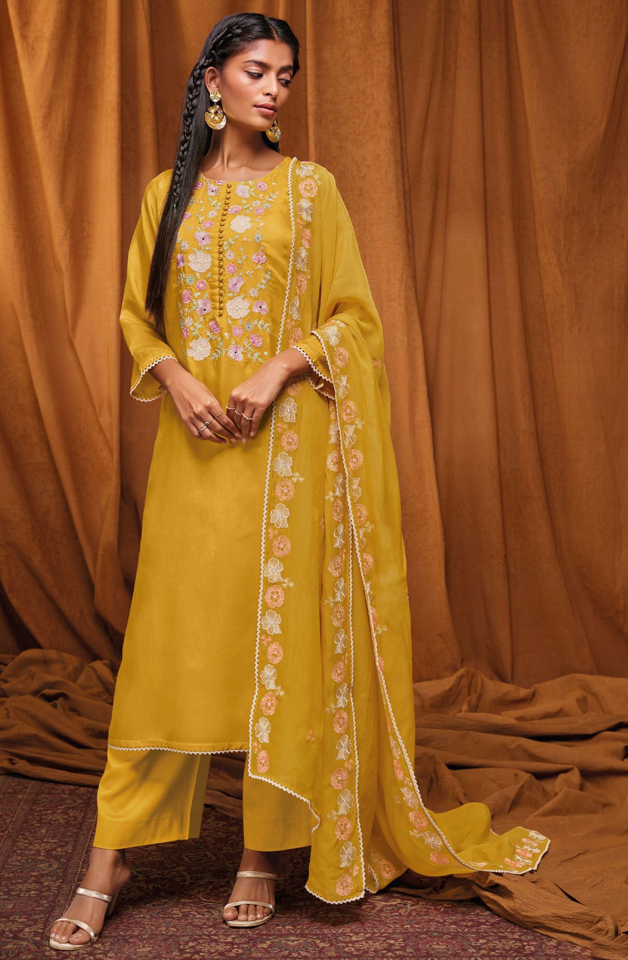Mustard Beautiful Satin Silk Unstitched Suit with Organza Dupatta - YAHS1713B