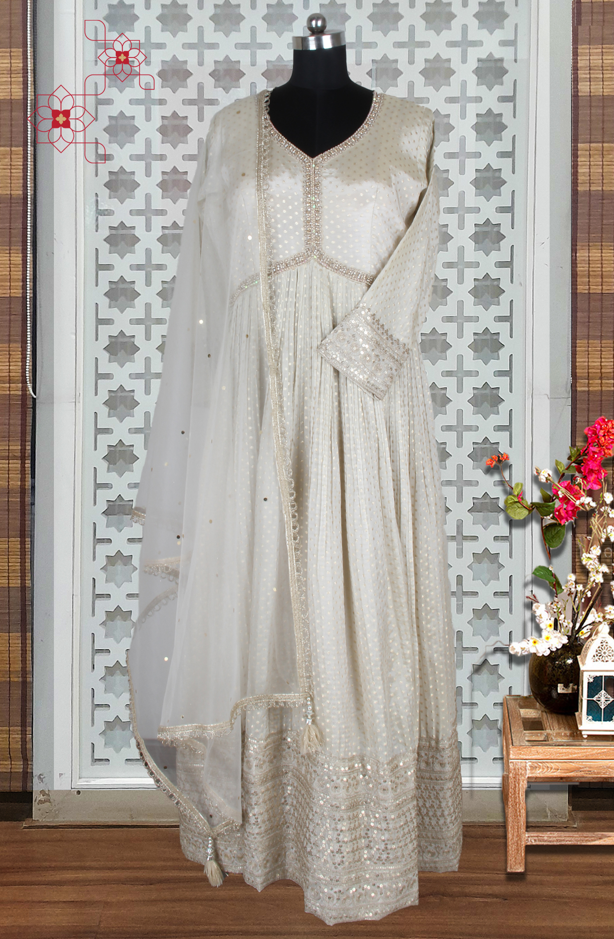 Off-white Designer Brocade Silk Zari Work Gown with Trendy Net Dupatta - 995-3282