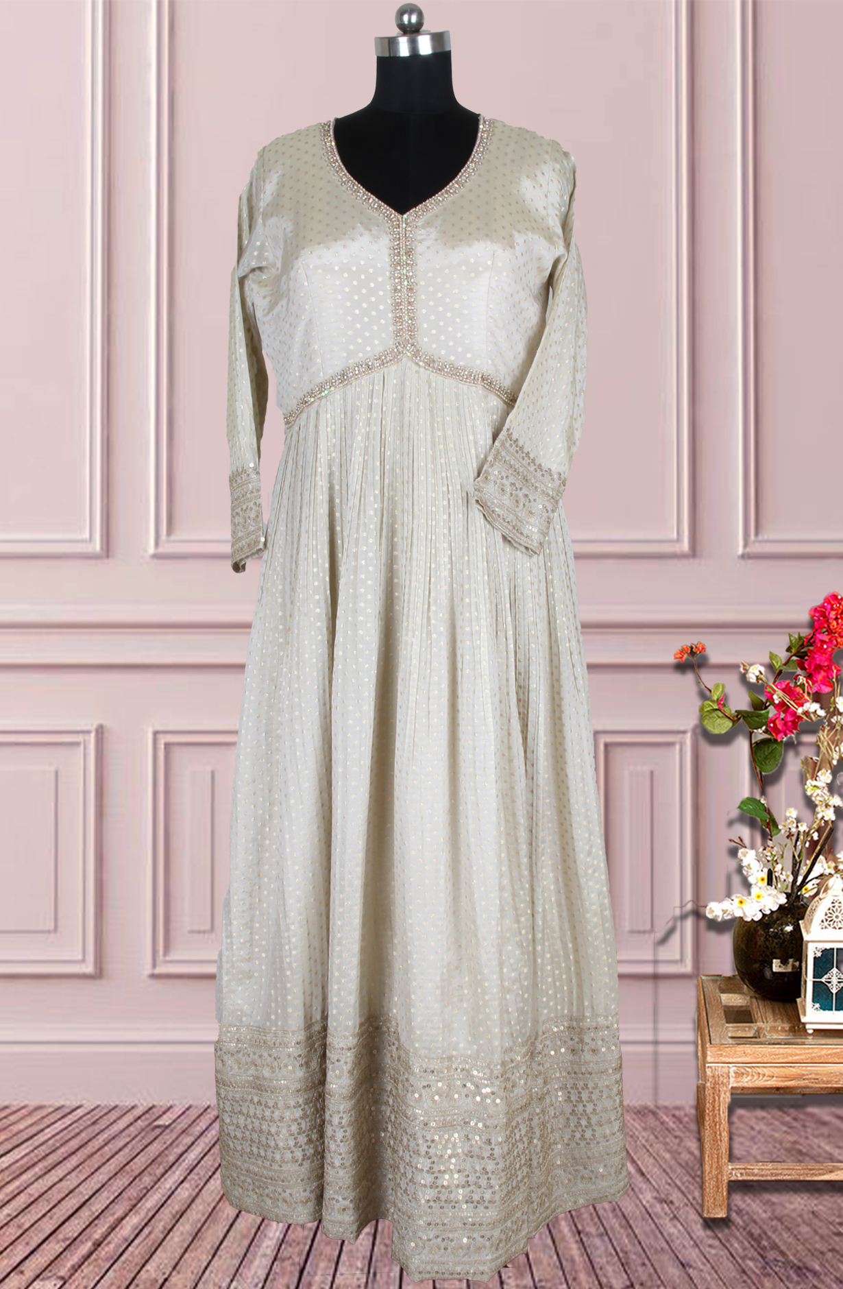 Off-white Designer Brocade Silk Zari Work Gown with Trendy Net Dupatta - 995-3282