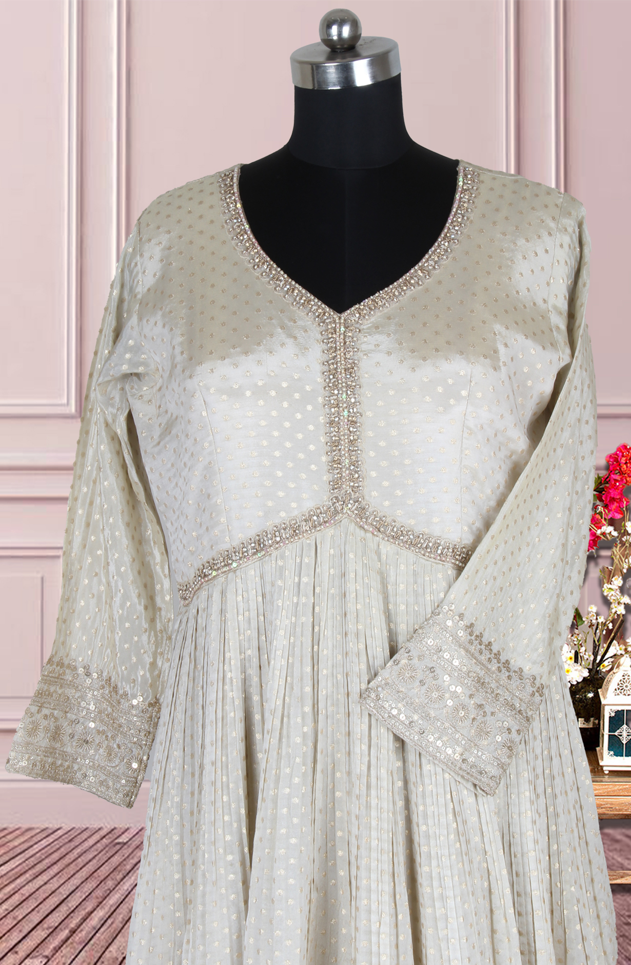 Off-white Designer Brocade Silk Zari Work Gown with Trendy Net Dupatta - 995-3282