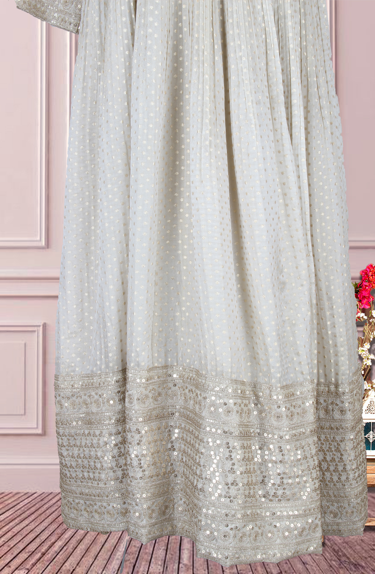 Off-white Designer Brocade Silk Zari Work Gown with Trendy Net Dupatta - 995-3282