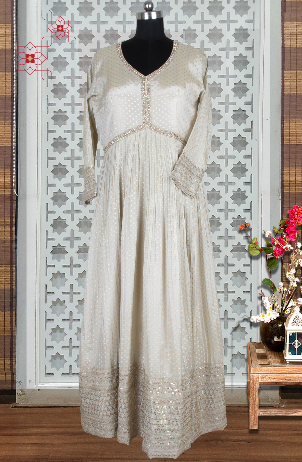 Off-white Designer Brocade Silk Zari Work Gown with Trendy Net Dupatta - 995-3282