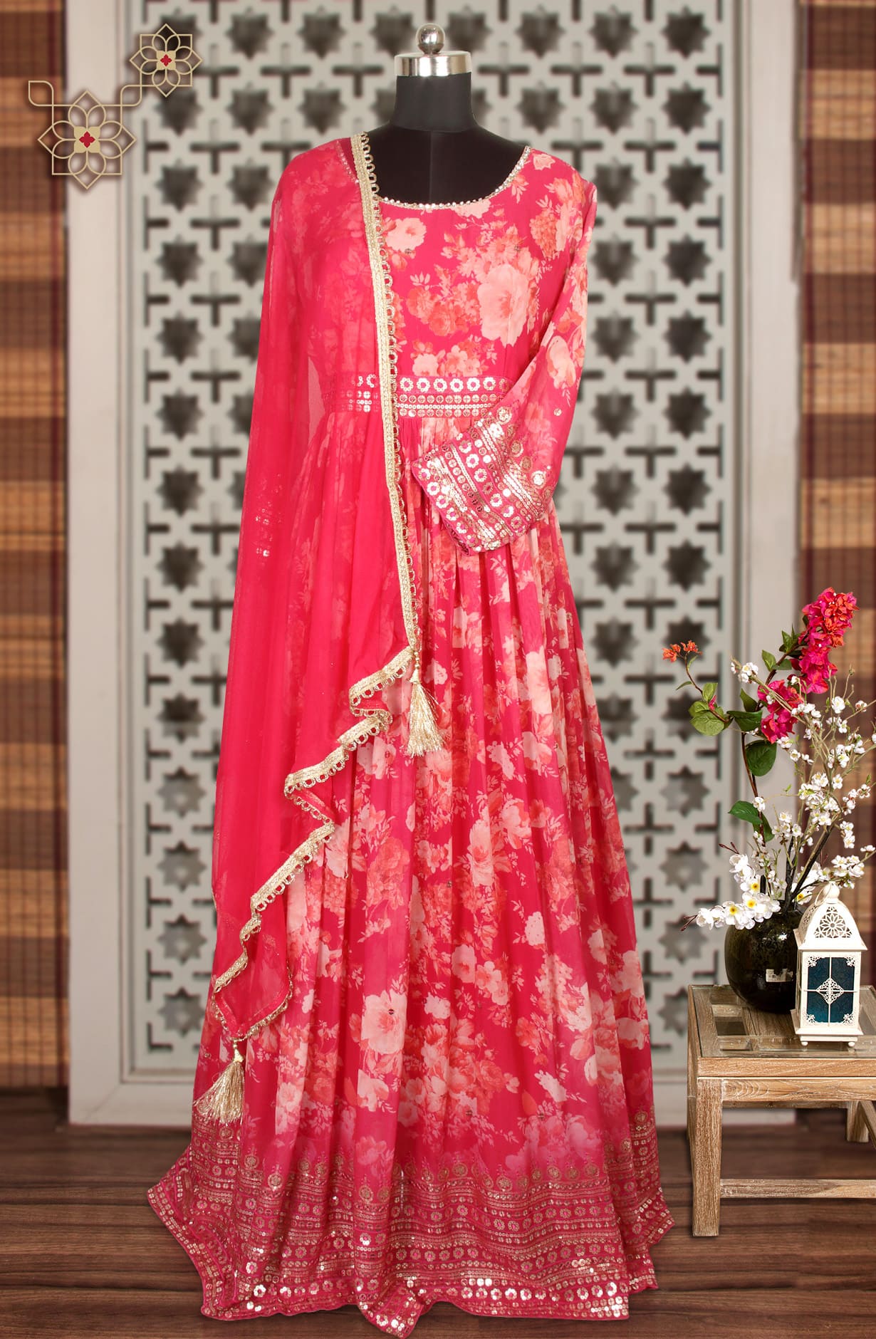 Pink Designer Readymade Georgette Gown with Net Dupatta - 995-572