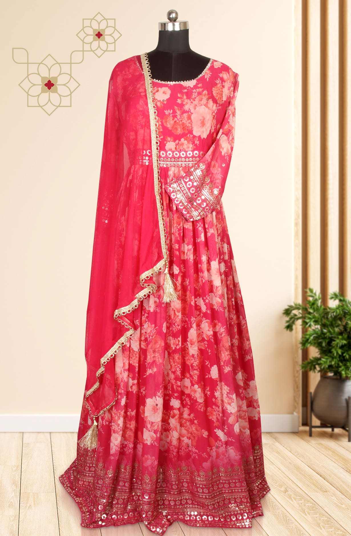 Pink Designer Readymade Georgette Gown with Net Dupatta - 995-572