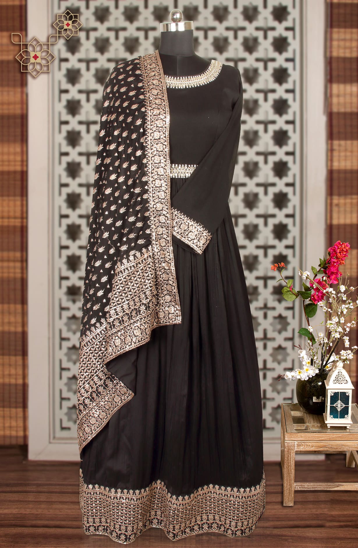 Black Designer Readymade Chinon Gown with Chinon Dupatta - 995-611