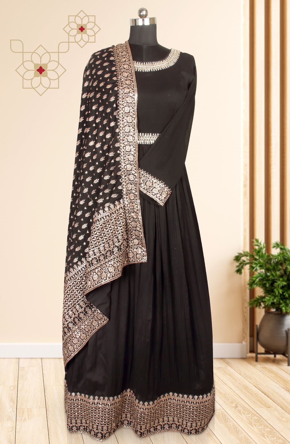 Black Designer Readymade Chinon Gown with Chinon Dupatta - 995-611