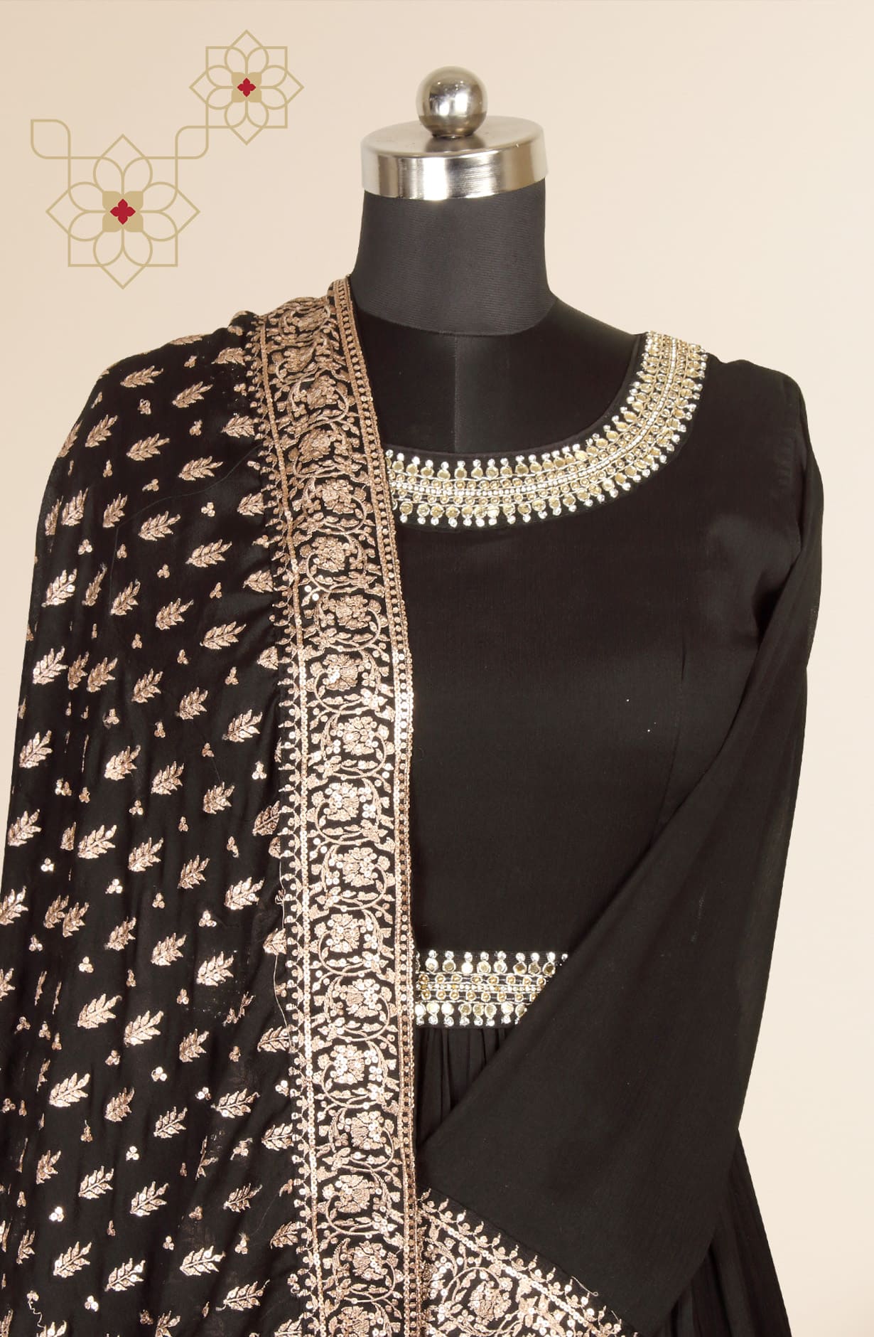 Black Designer Readymade Chinon Gown with Chinon Dupatta - 995-611