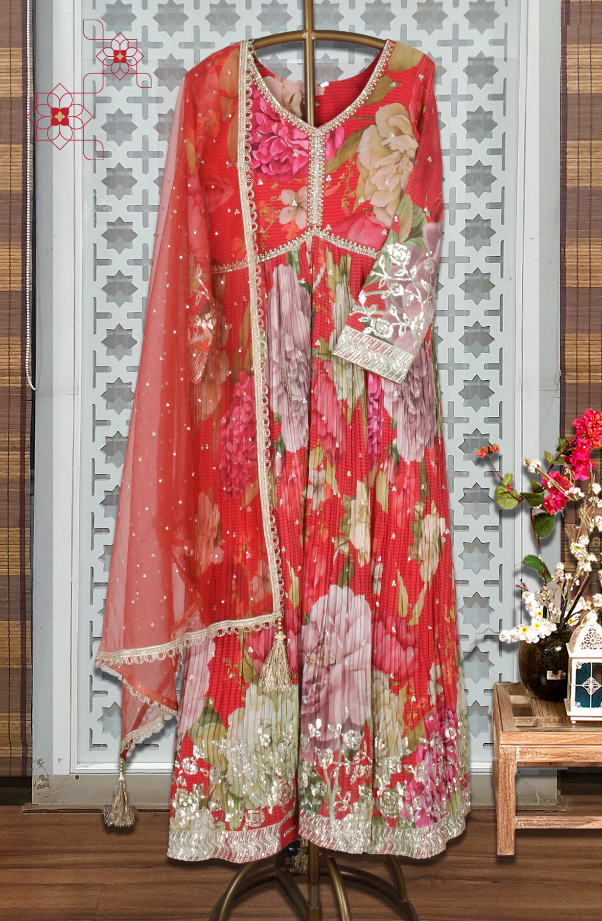 Red Georgette Designer Ready-to-Wear Gown with Net Dupatta - 995-869