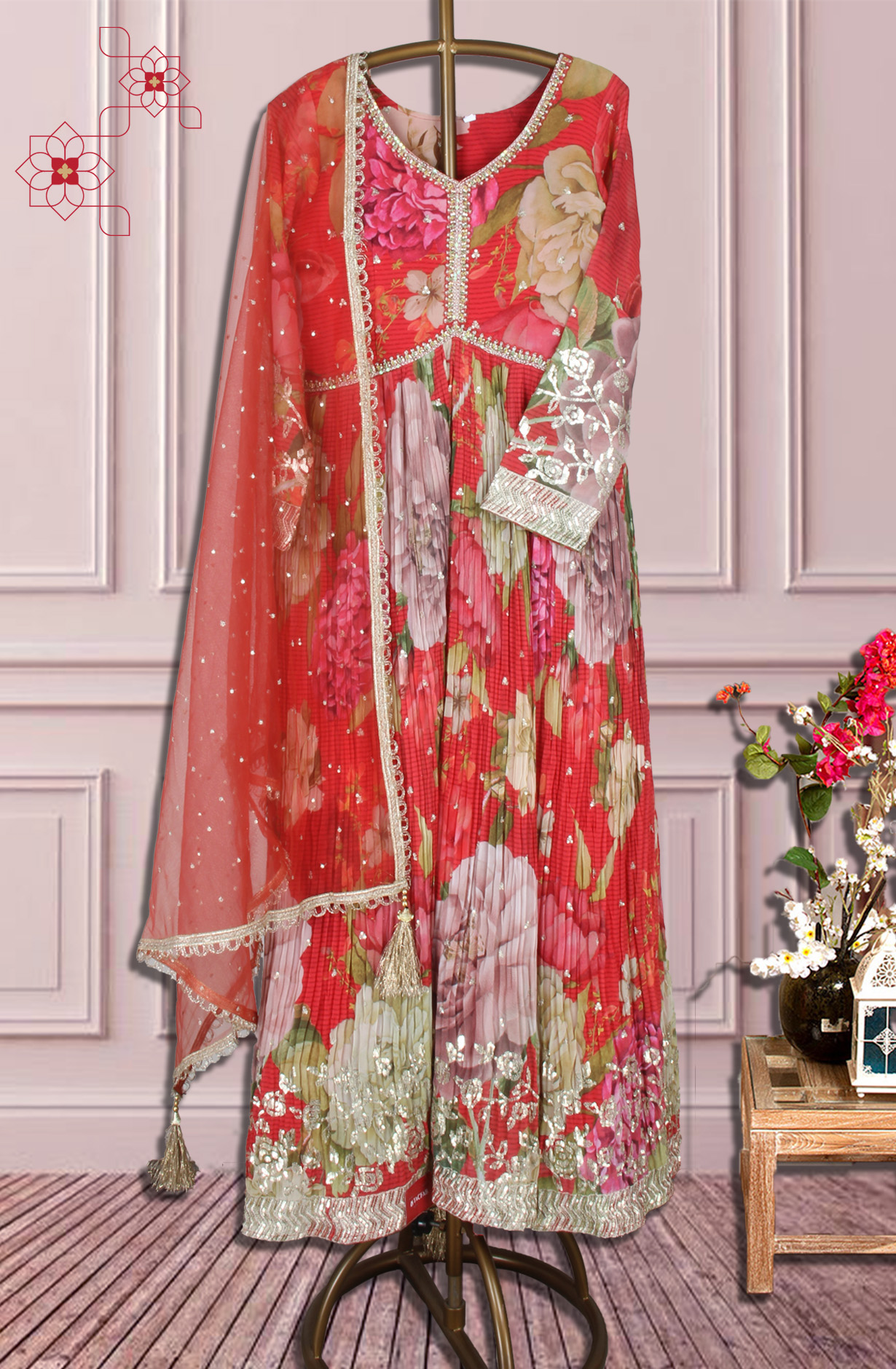 Red Georgette Designer Ready-to-Wear Gown with Net Dupatta - 995-869