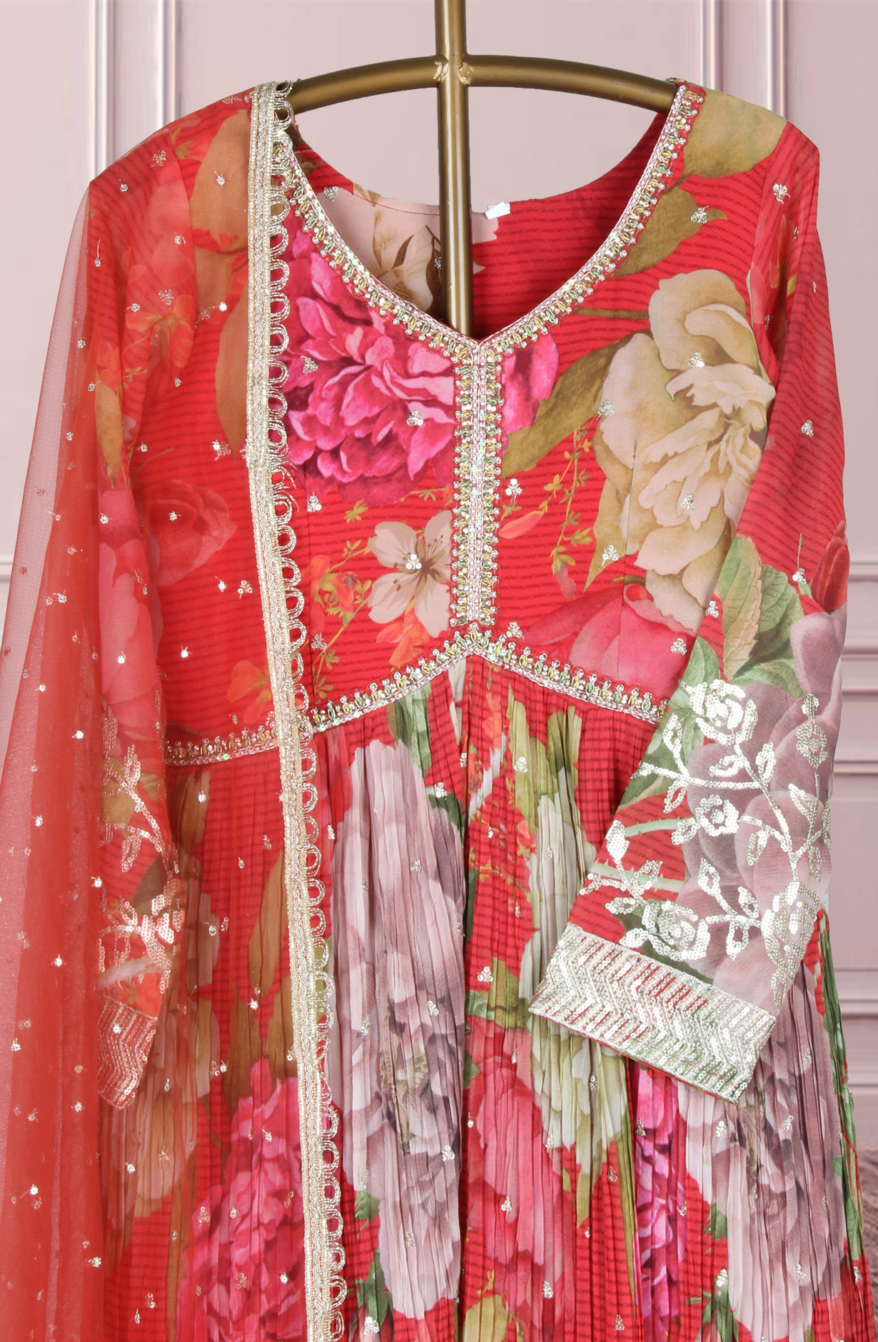 Red Georgette Designer Ready-to-Wear Gown with Net Dupatta - 995-869
