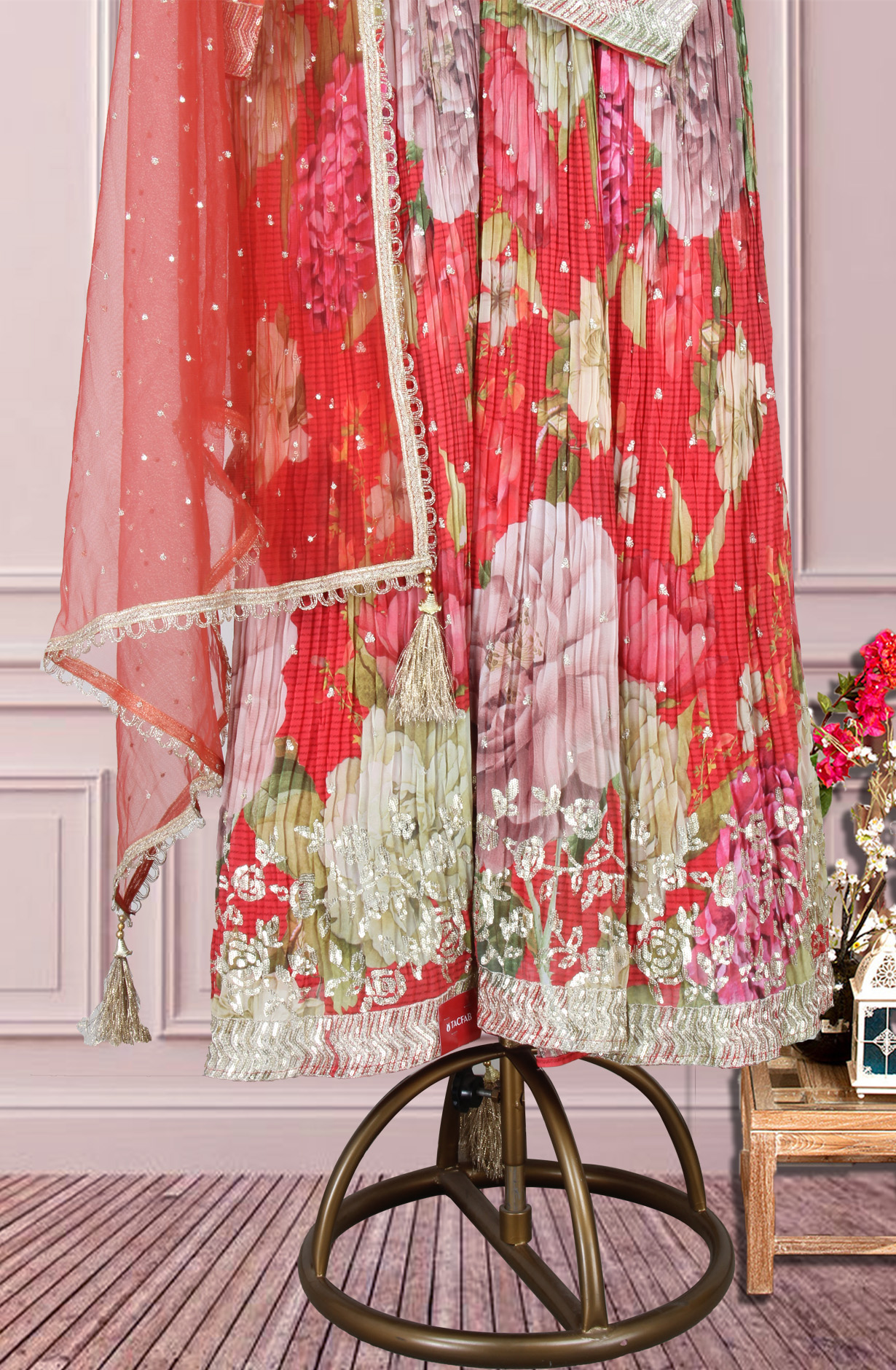 Red Georgette Designer Ready-to-Wear Gown with Net Dupatta - 995-869