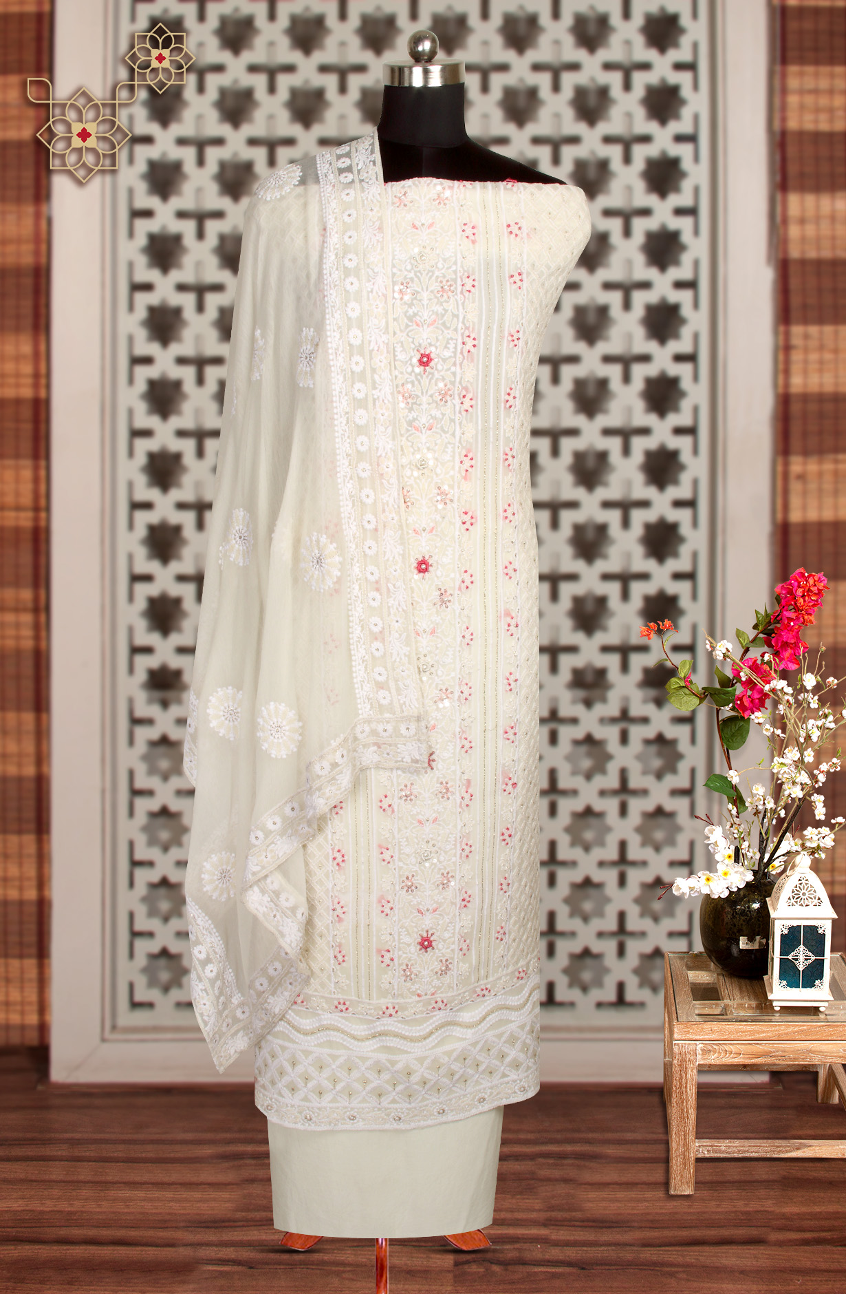 Cream Designer Georgette Salwar Kameez with Chiffon Dupatta - 999-20062
