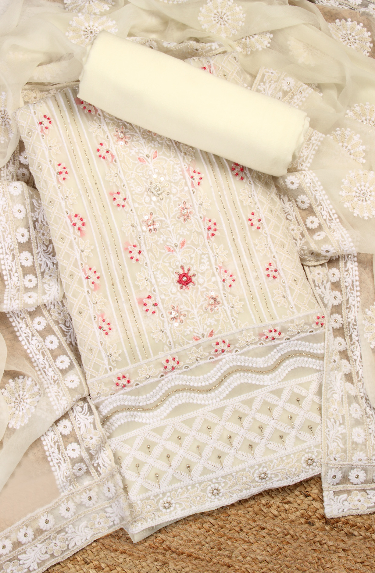 Cream Designer Georgette Salwar Kameez with Chiffon Dupatta - 999-20062