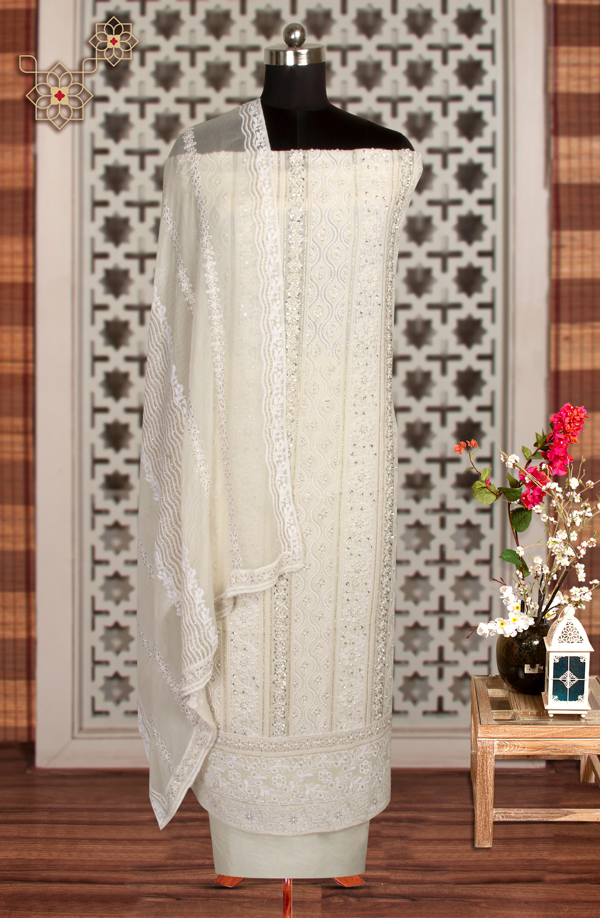 Cream Designer Georgette Salwar Kameez with Chiffon Dupatta - 999-21078A