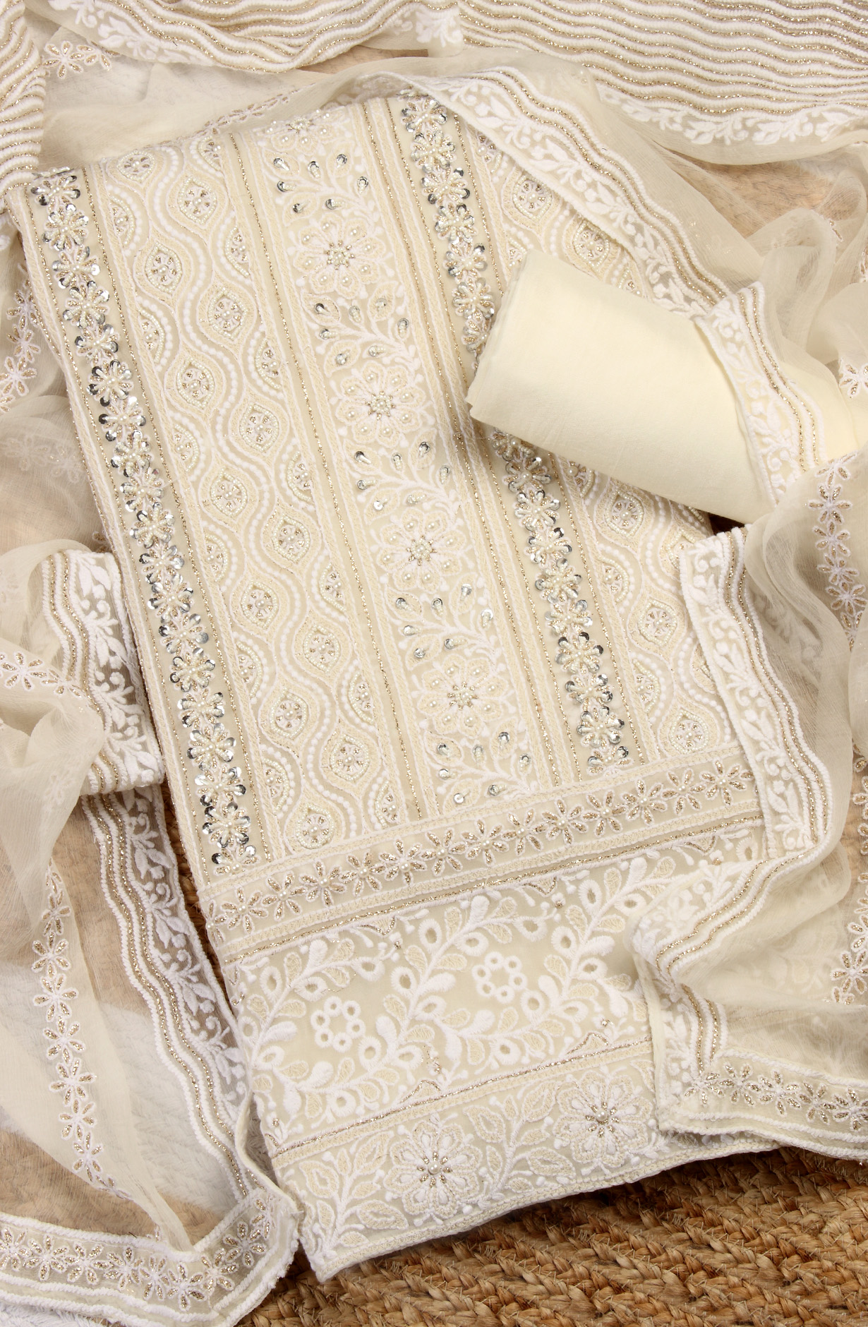 Cream Designer Georgette Salwar Kameez with Chiffon Dupatta - 999-21078A