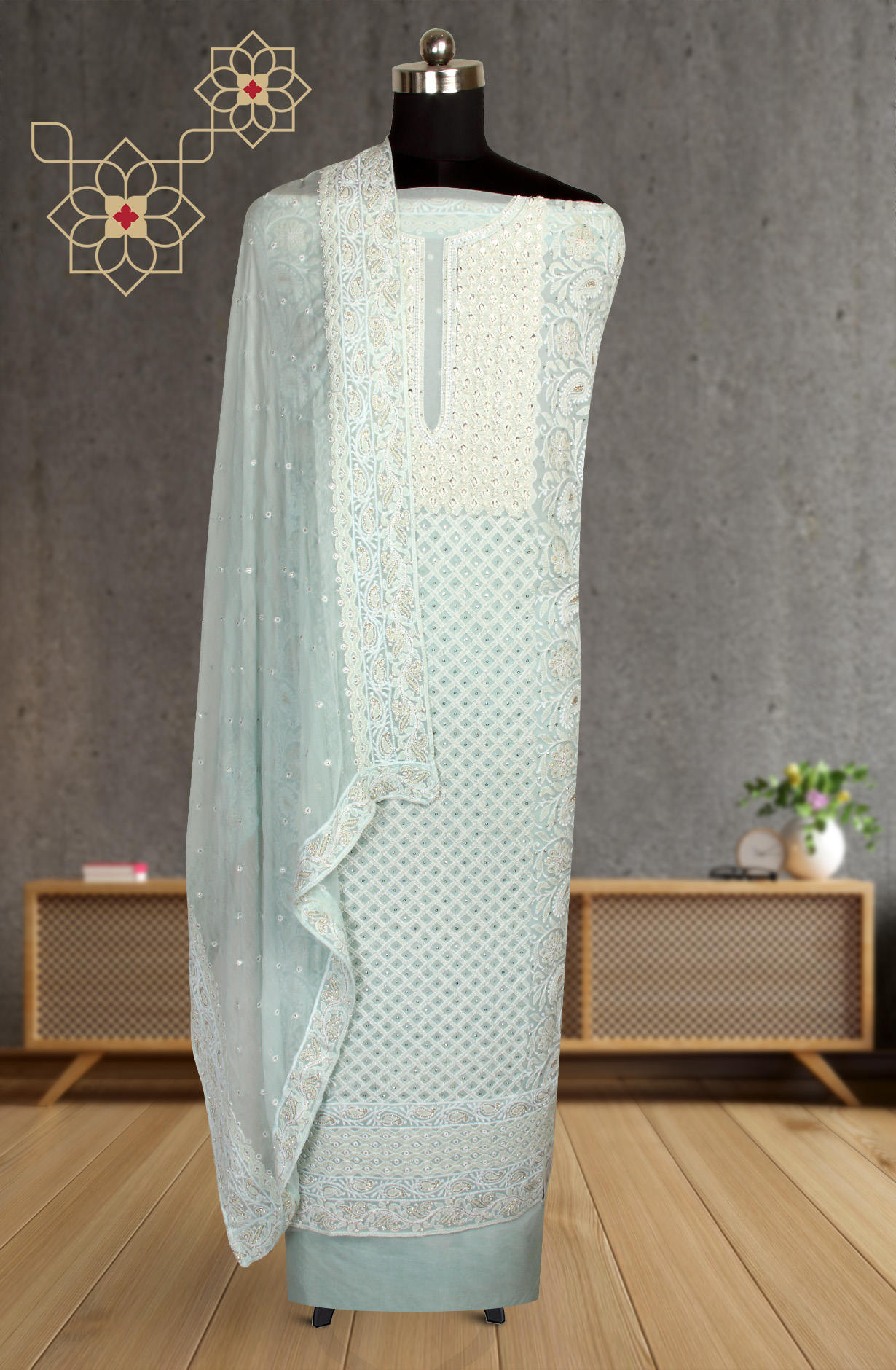 Sea Green Designer Georgette Salwar Kameez with Chiffon Dupatta - 999-22026-1B