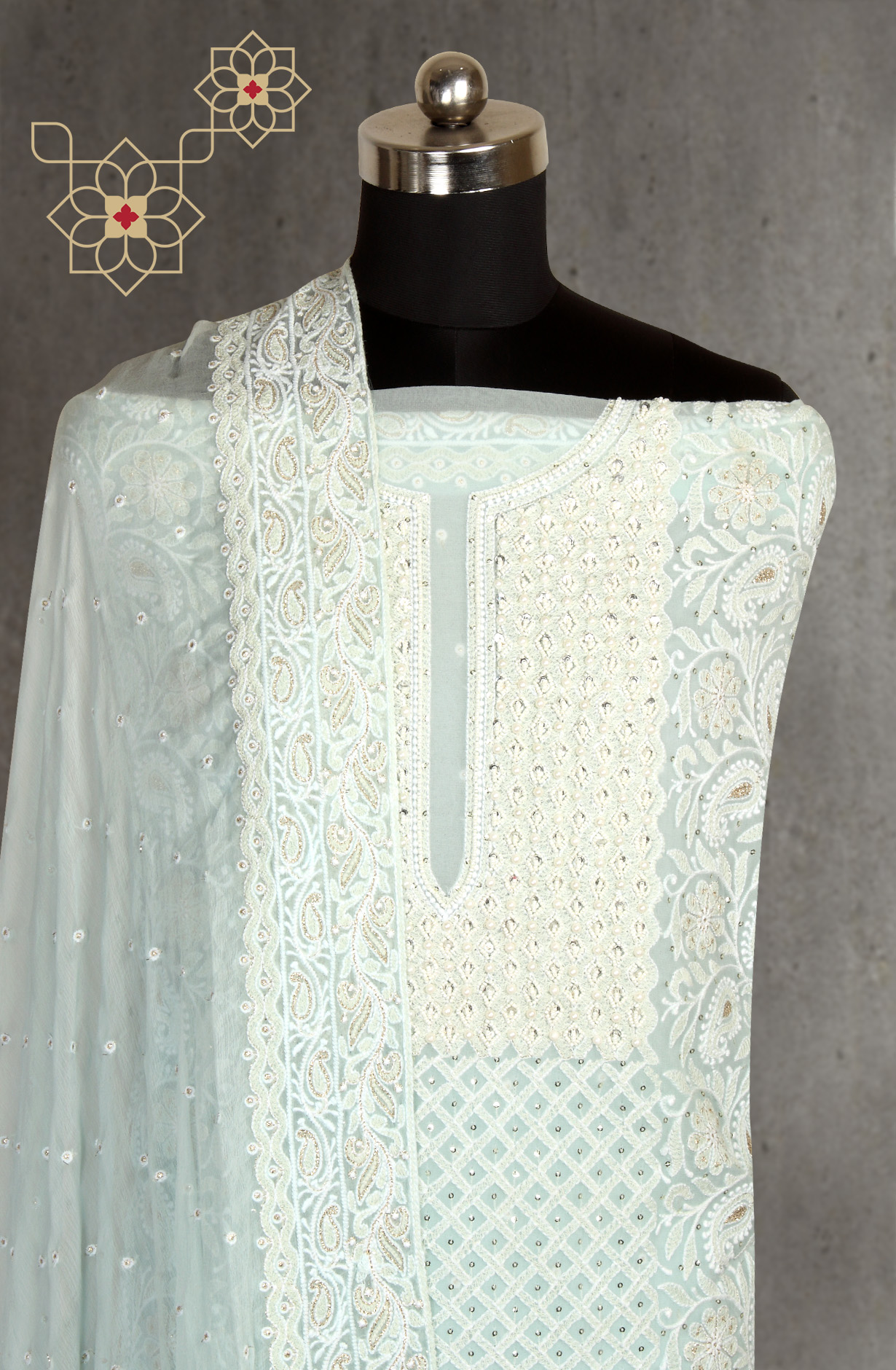 Sea Green Designer Georgette Salwar Kameez with Chiffon Dupatta - 999-22026-1B