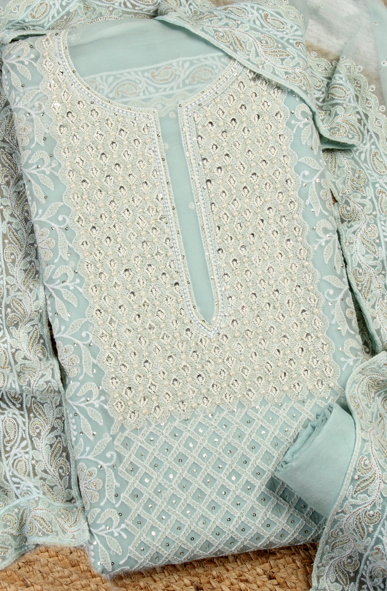 Sea Green Designer Georgette Salwar Kameez with Chiffon Dupatta - 999-22026-1B