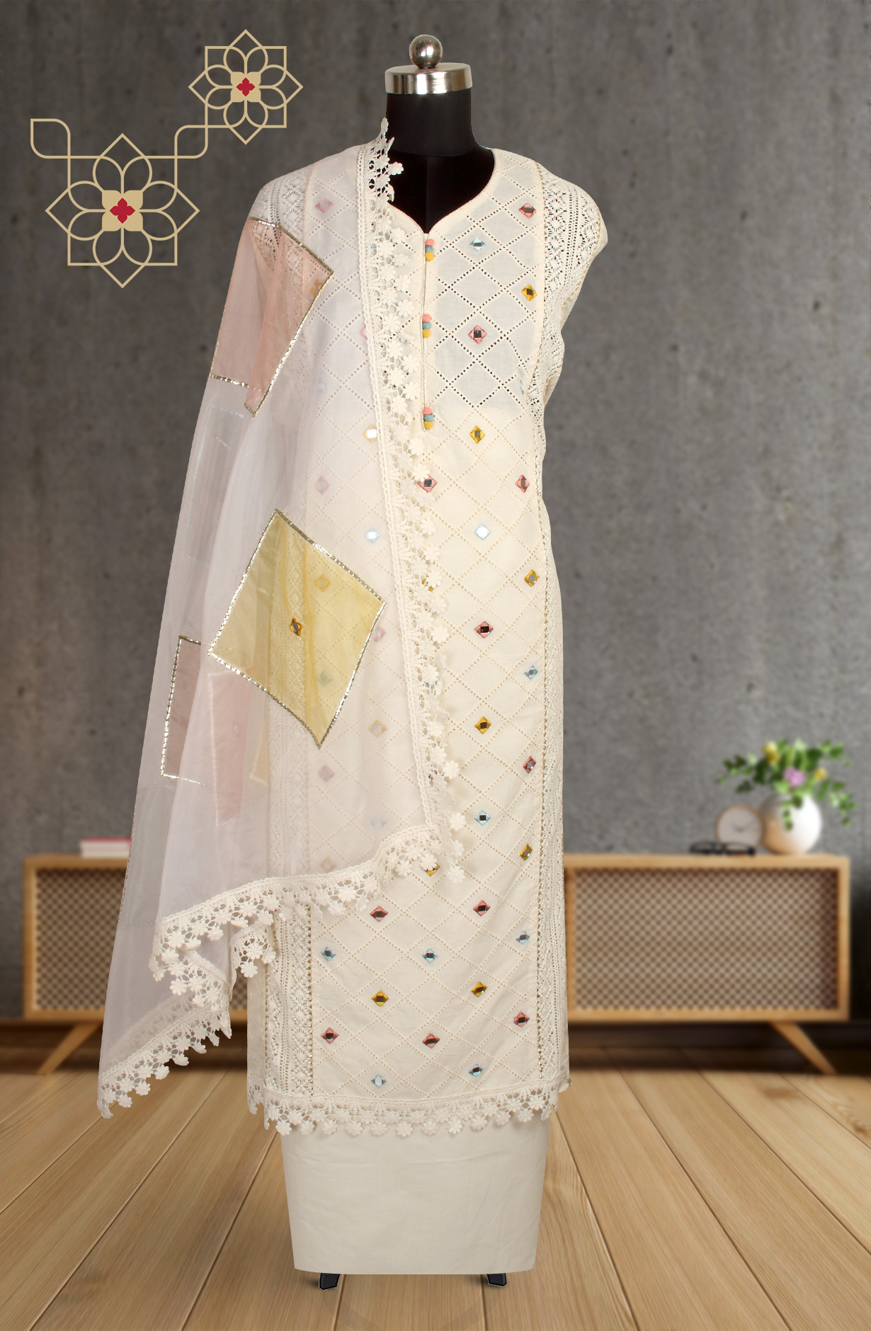 Cream Designer Cotton Salwar Kameez with Organza Dupatta - 999-DS065