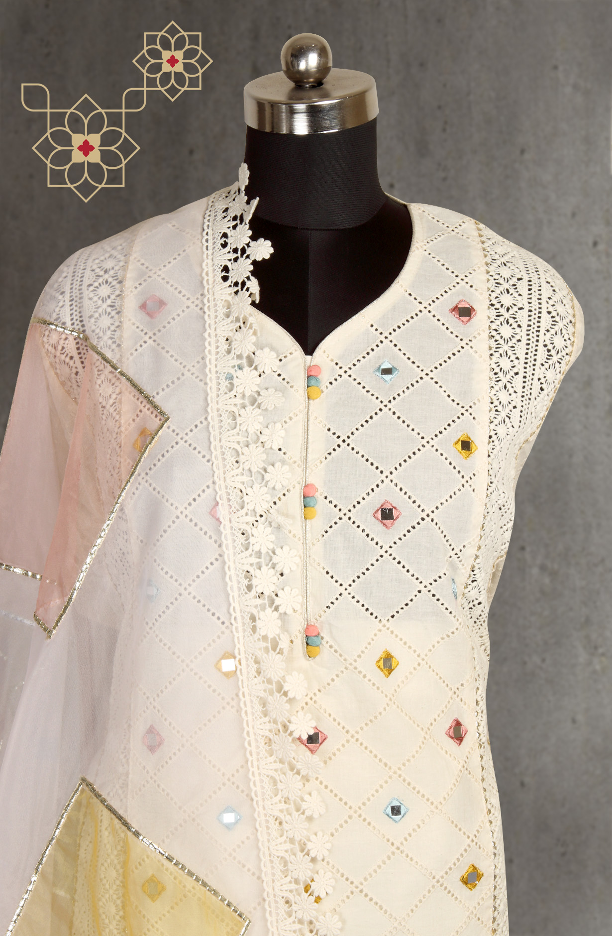 Cream Designer Cotton Salwar Kameez with Organza Dupatta - 999-DS065
