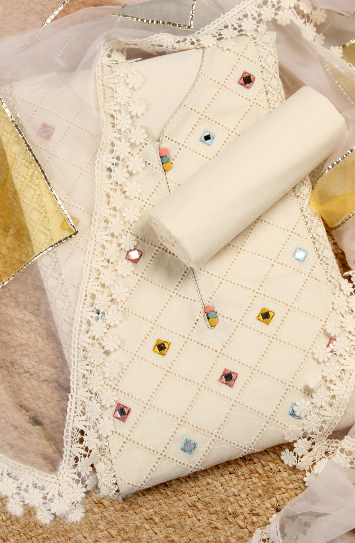 Cream Designer Cotton Salwar Kameez with Organza Dupatta - 999-DS065