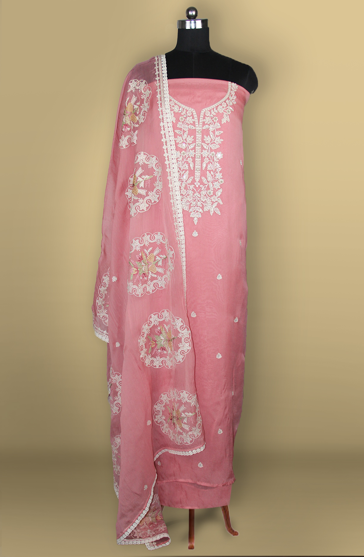 Pink Organza Embroidered Suit with Dupatta- 999-US0408A