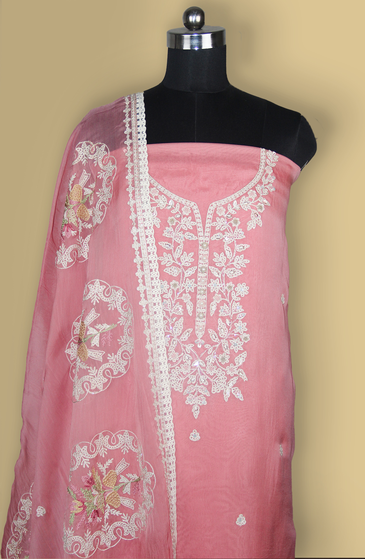 Pink Organza Embroidered Suit with Dupatta- 999-US0408A