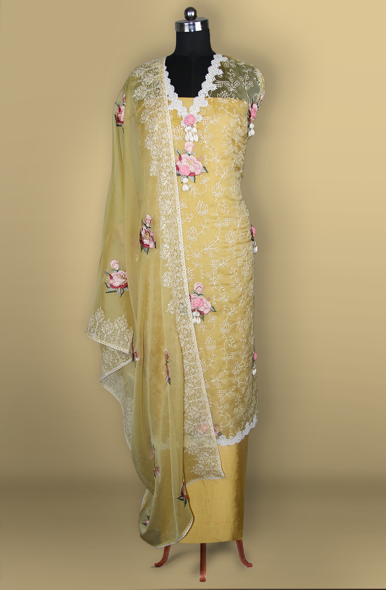 Mustard Organza Embroidered Suit with Dupatta- 999-US0404C