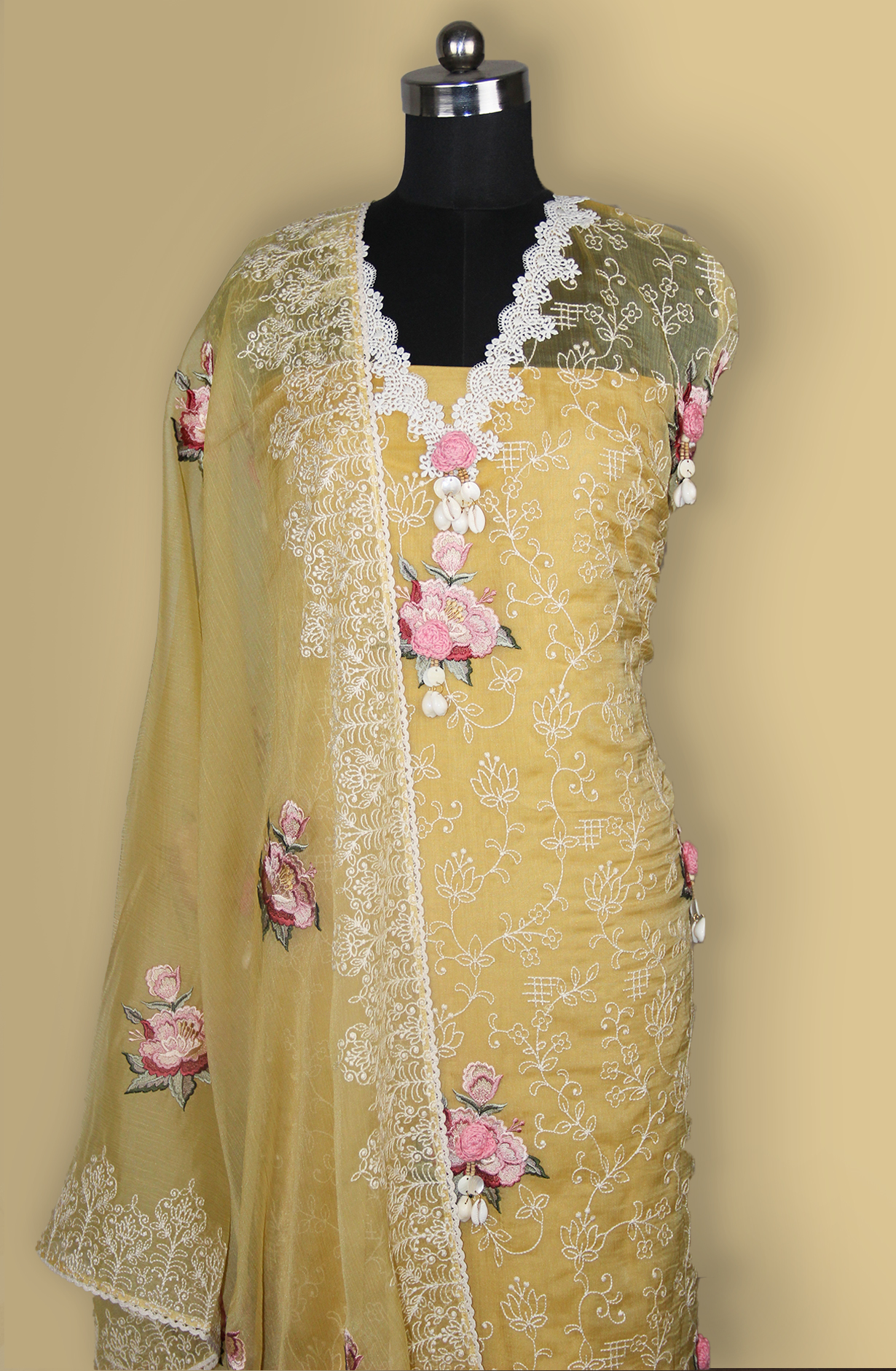 Mustard Organza Embroidered Suit with Dupatta- 999-US0404C