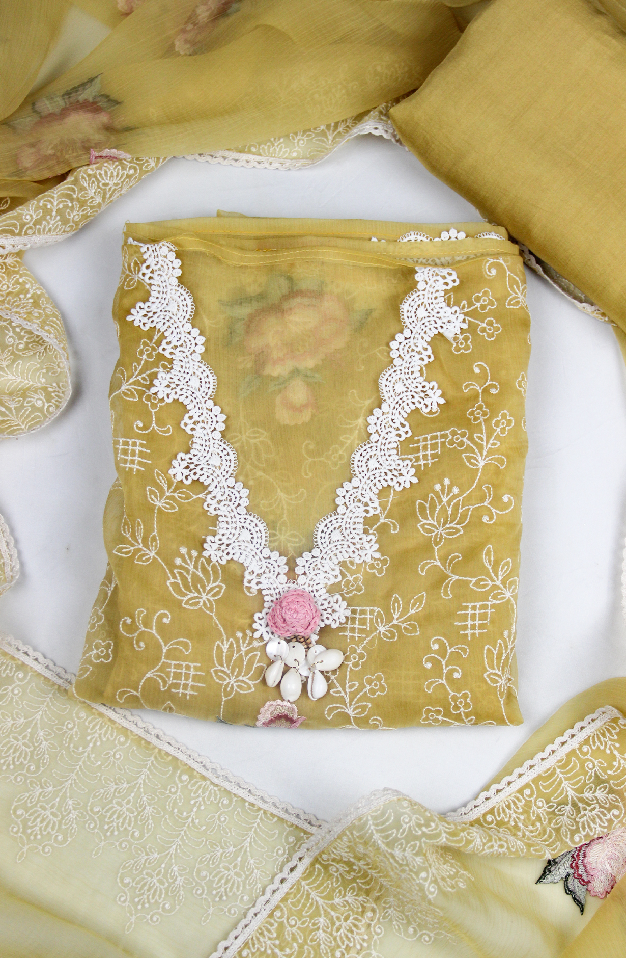 Mustard Organza Embroidered Suit with Dupatta- 999-US0404C