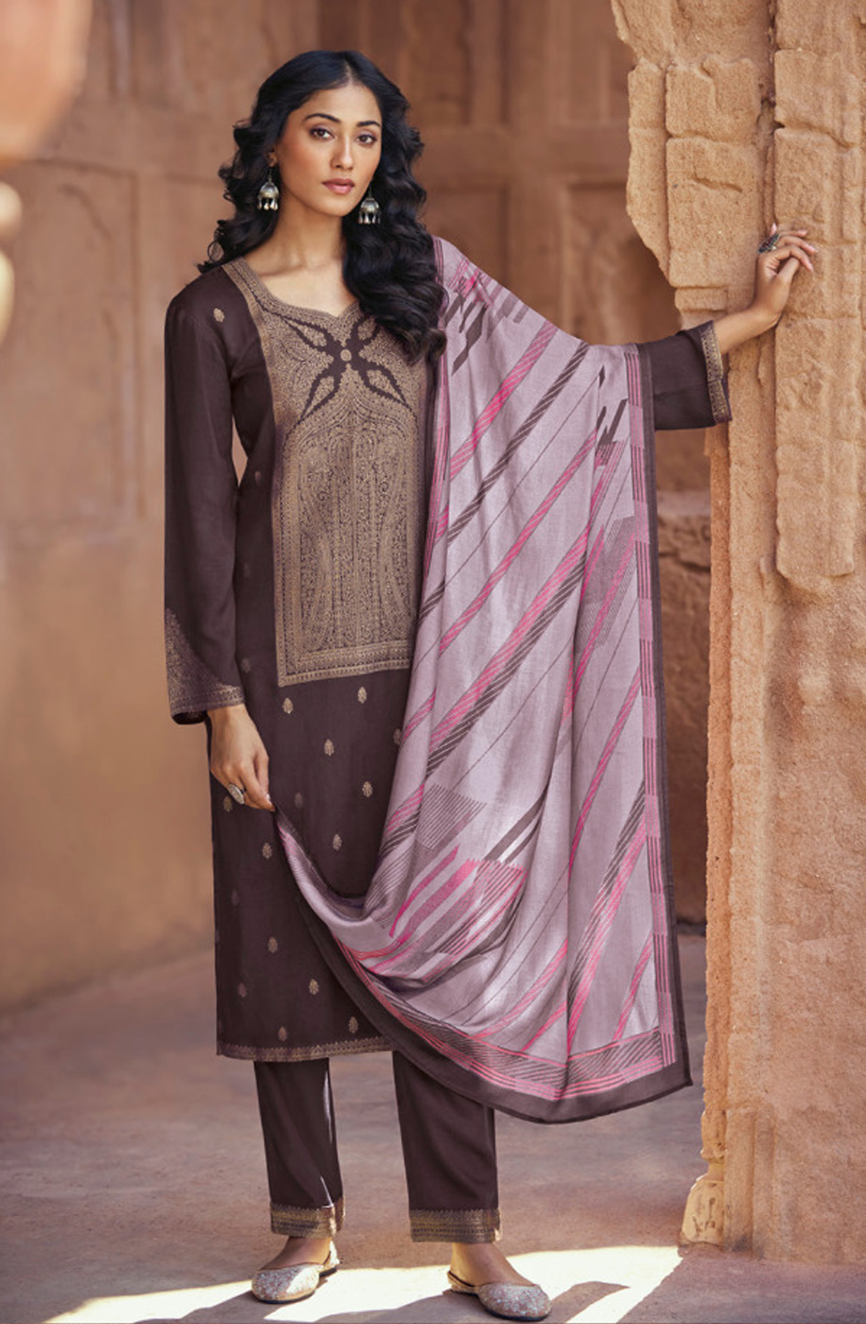 Chocolate Brown Pashmina Jacquard Work Suit Sets - AAM3441A
