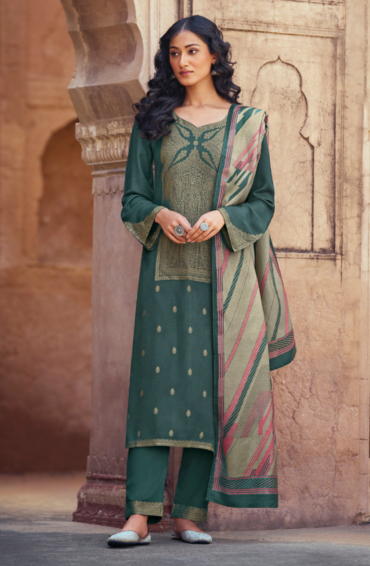 Bottle Green Pashmina Jacquard Work Suit Sets - AAM3441B