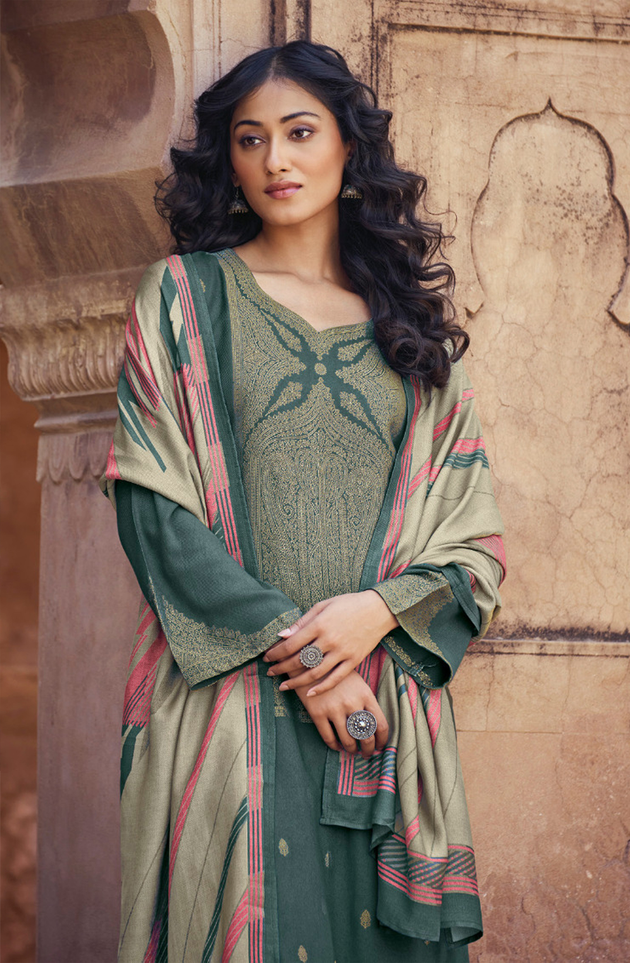 Bottle Green Pashmina Jacquard Work Suit Sets - AAM3441B
