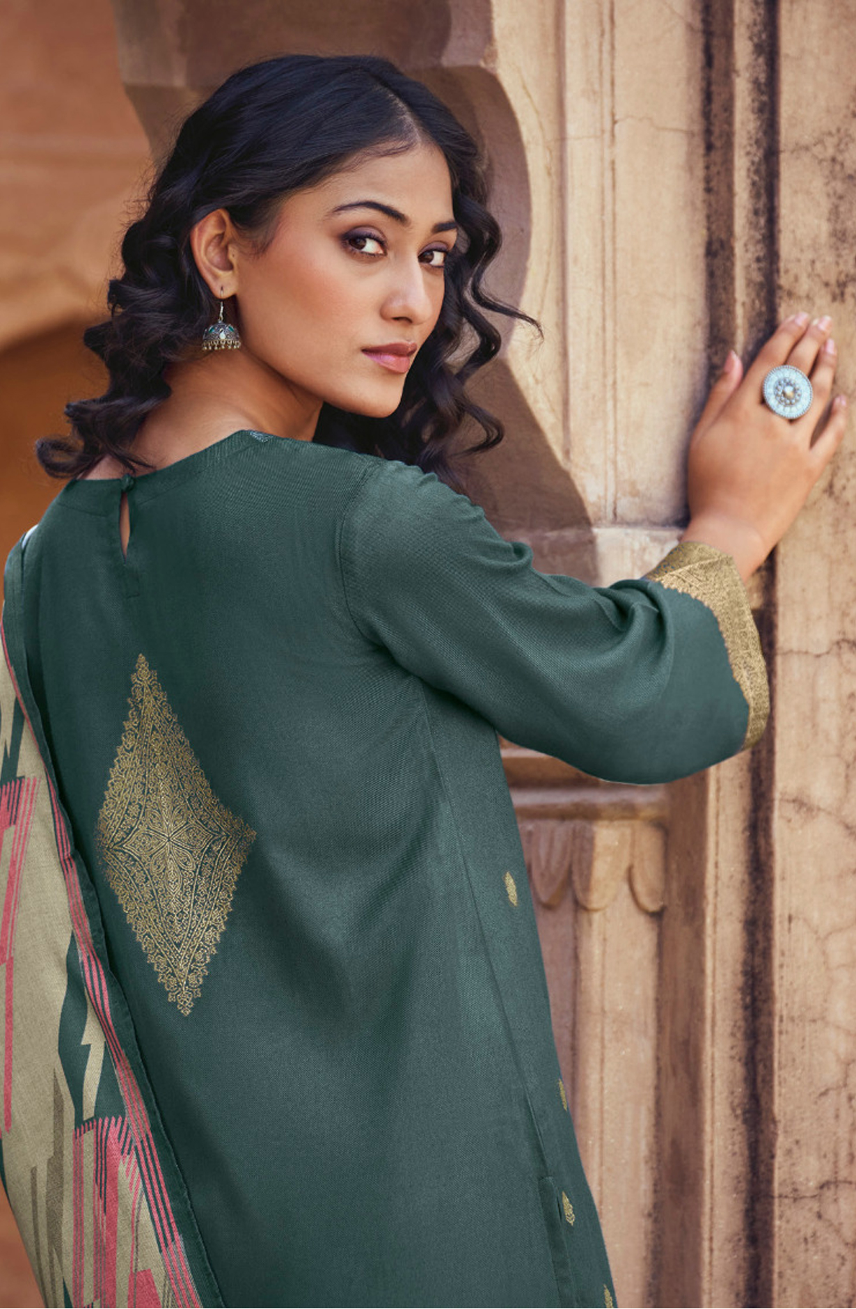 Bottle Green Pashmina Jacquard Work Suit Sets - AAM3441B