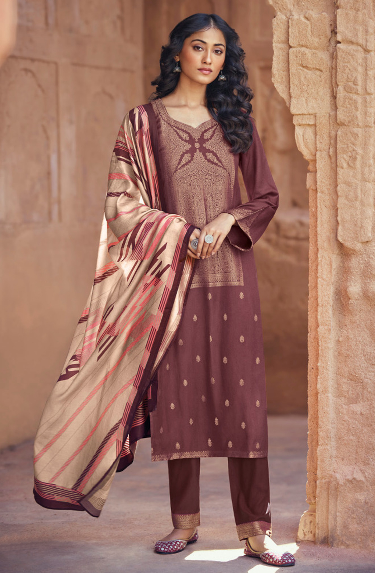 Maroon Pashmina Jacquard Work Suit Sets - AAM3441C