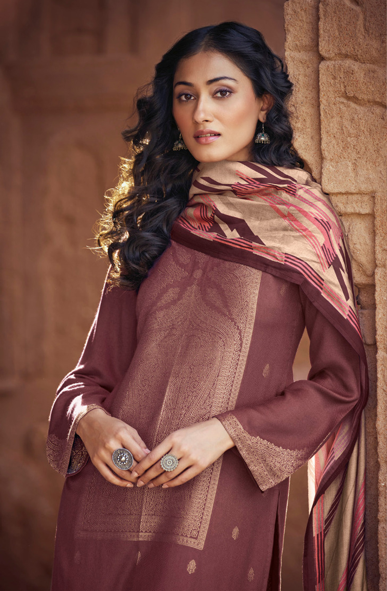 Maroon Pashmina Jacquard Work Suit Sets - AAM3441C