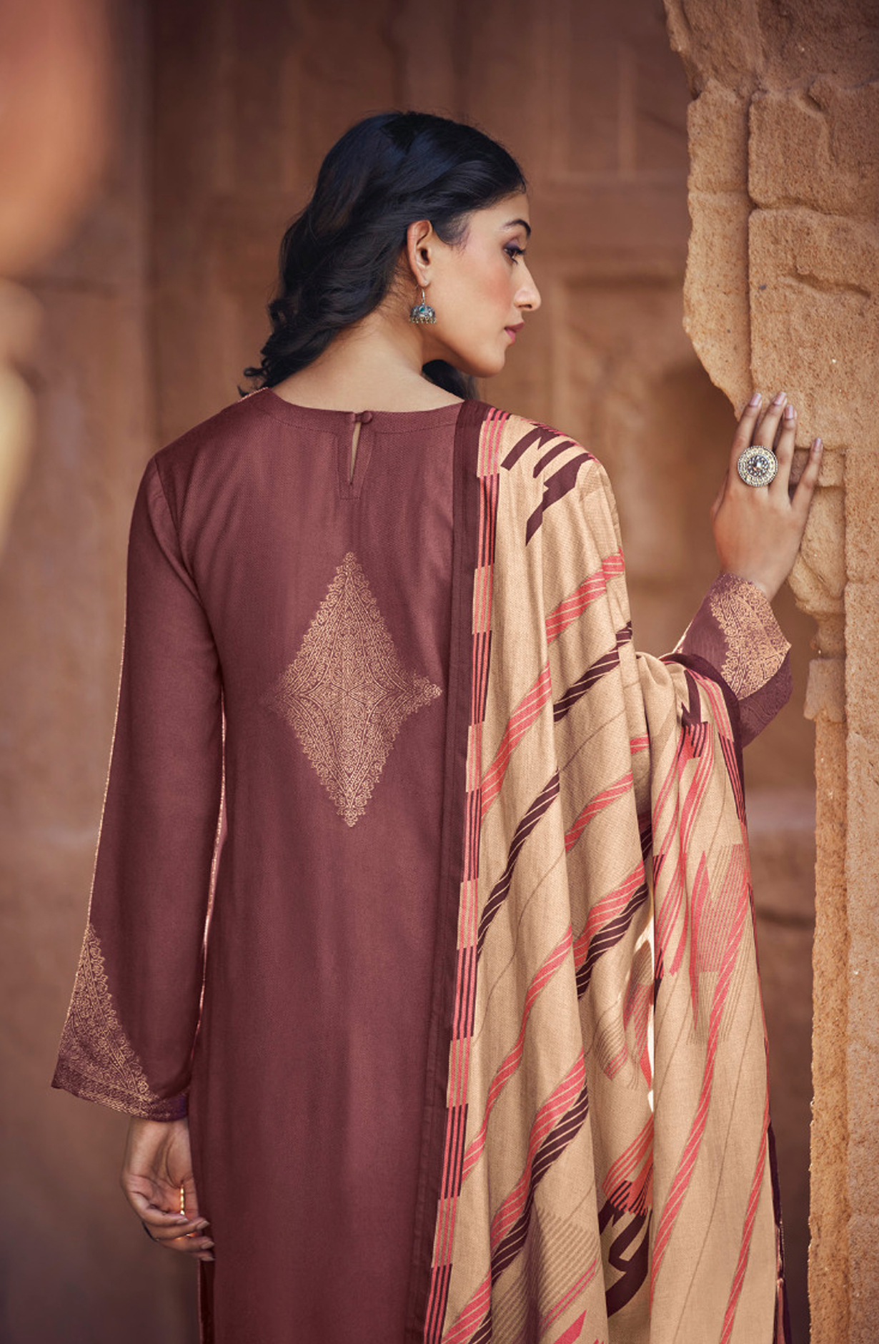 Maroon Pashmina Jacquard Work Suit Sets - AAM3441C