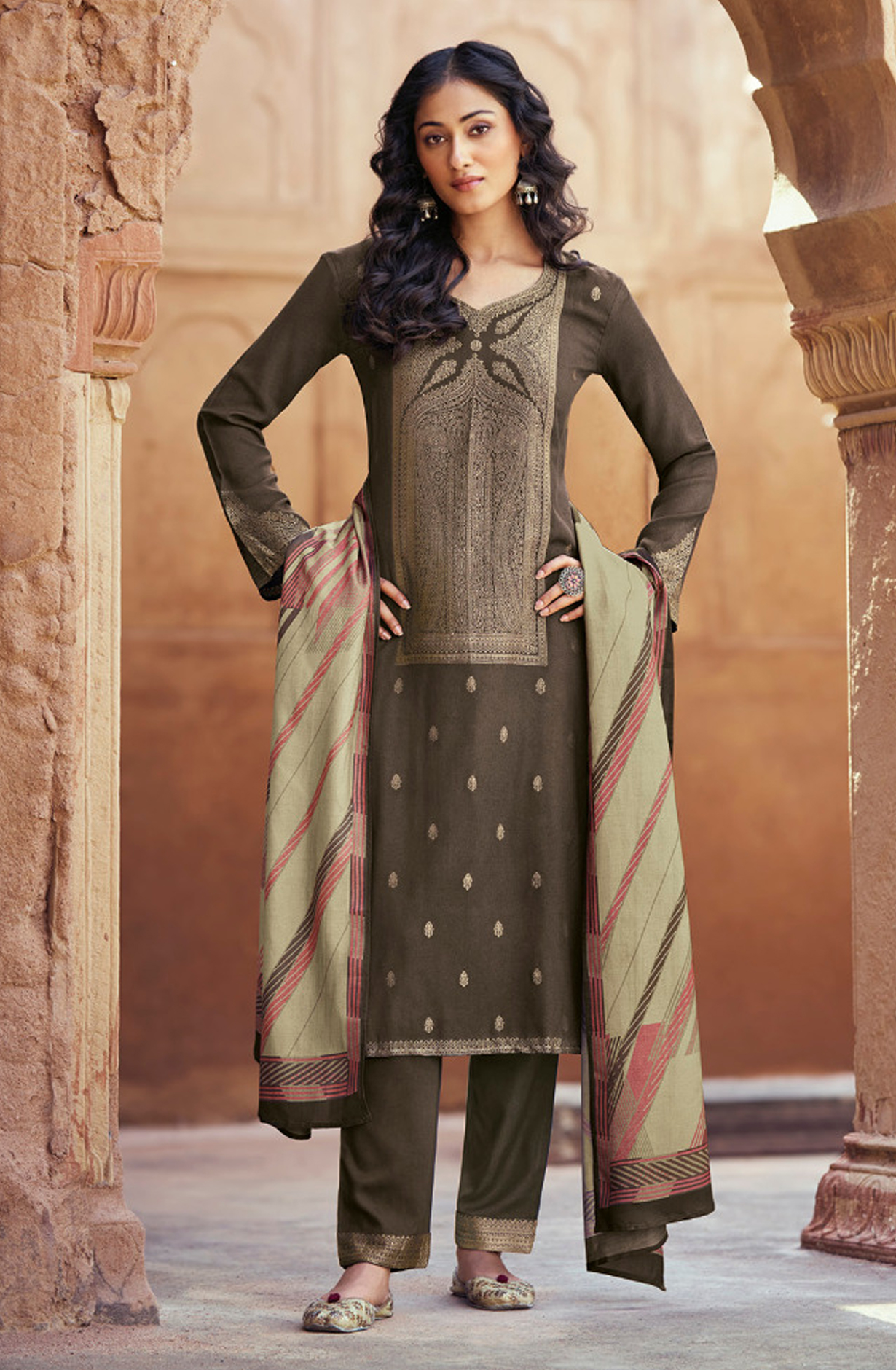 Coffee Brown Pashmina Jacquard Work Suit Sets - AAM3441D